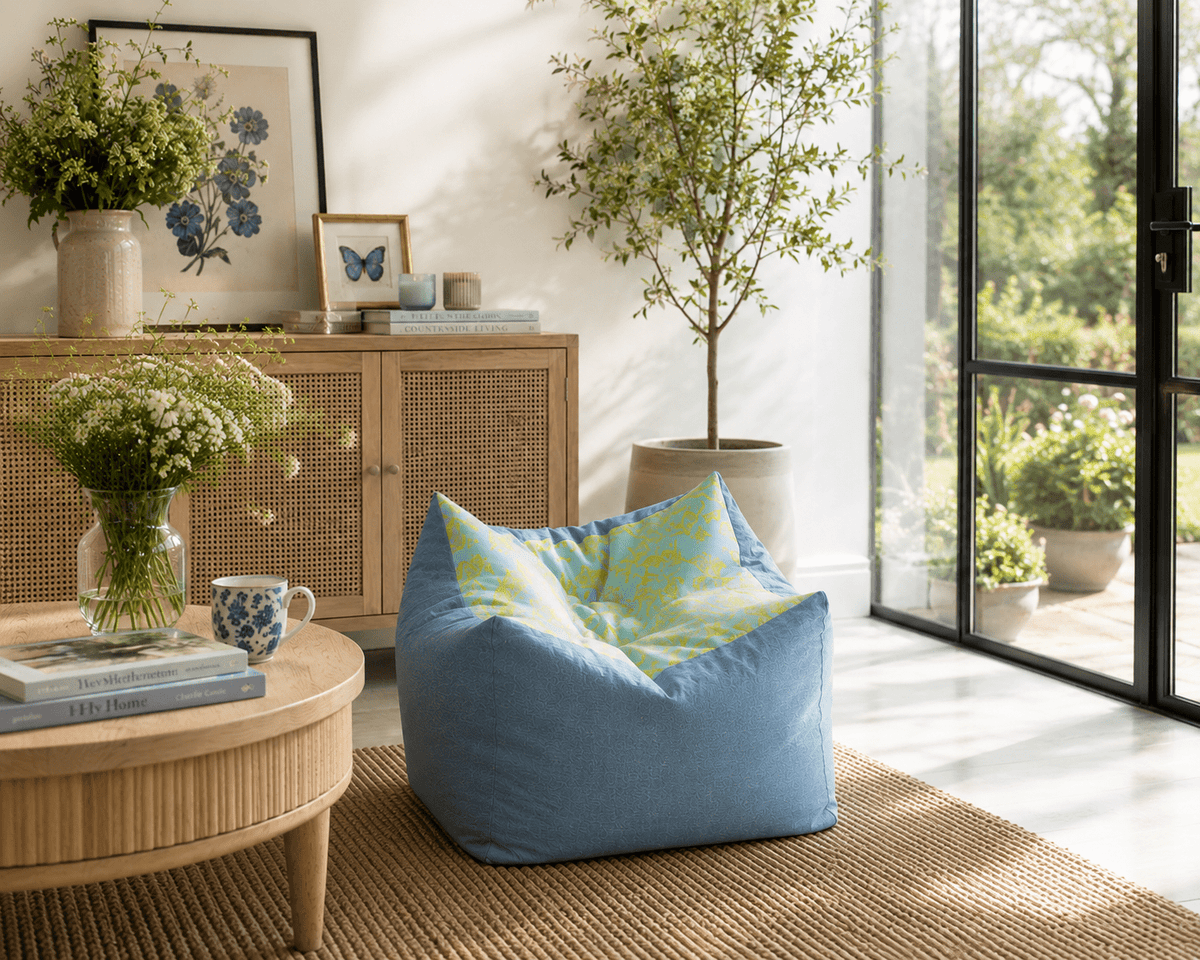 Butterfly Print Square Footstool: Hand-Printed Pouffe, Summer Decor - KJ Designs