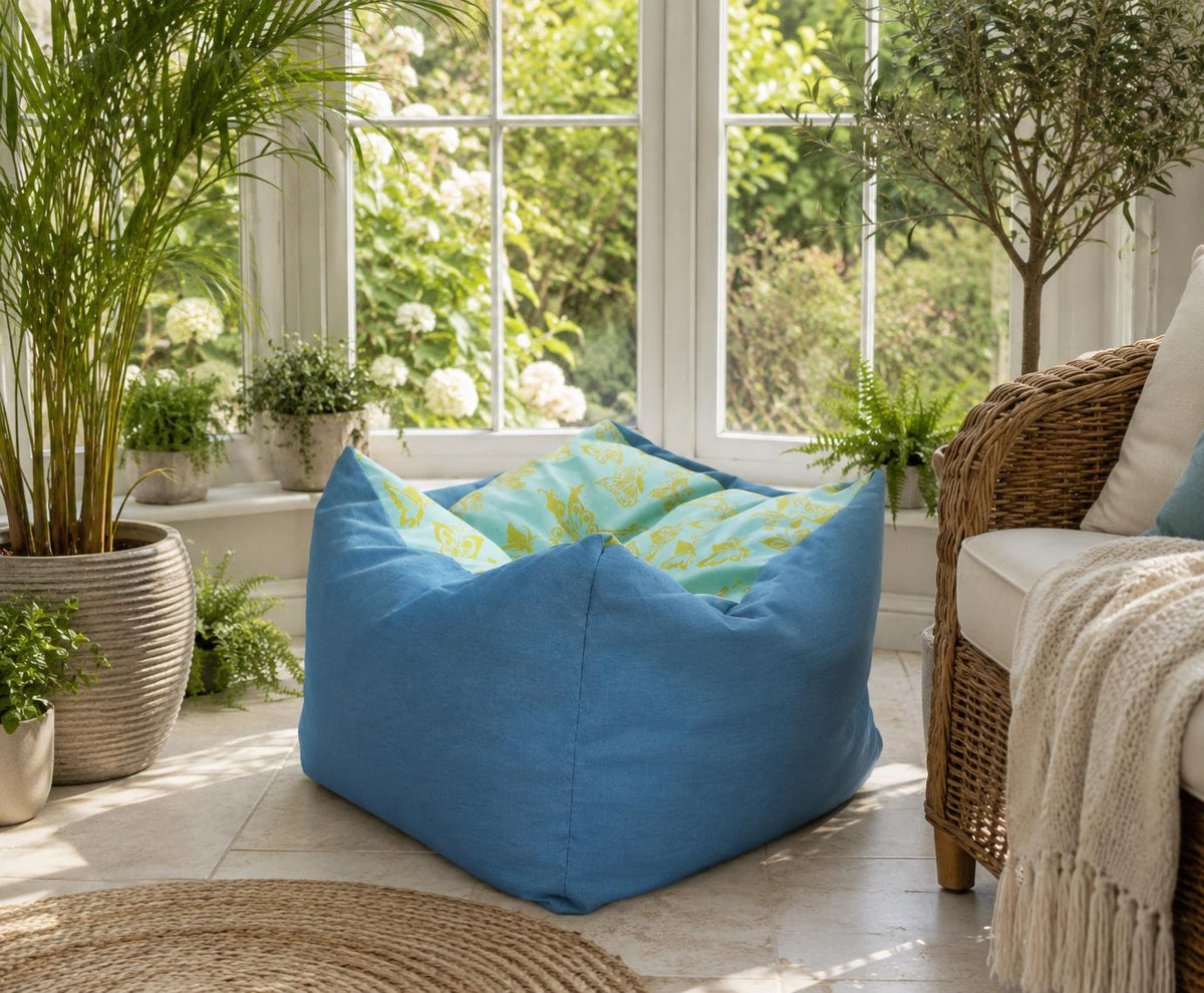 Butterfly Print Square Footstool: Hand-Printed Pouffe, Summer Decor - KJ Designs