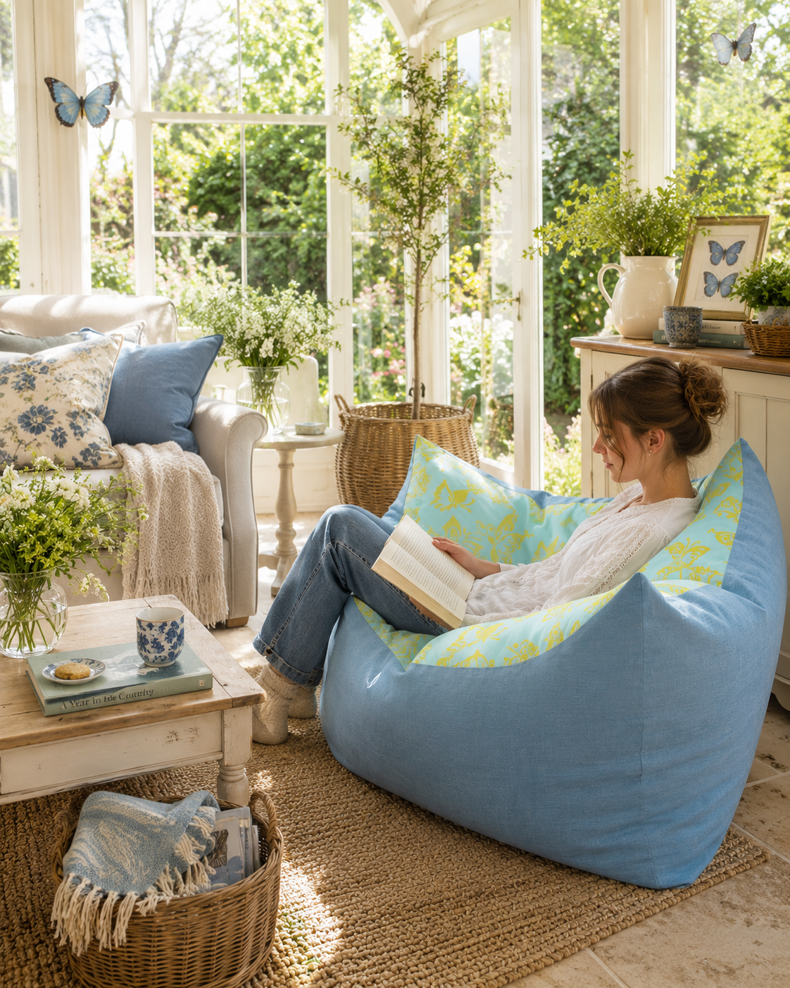 Butterfly Print Square Footstool: Hand-Printed Pouffe, Summer Decor - KJ Designs