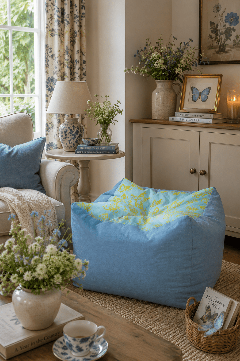 Butterfly Print Square Footstool: Hand-Printed Pouffe, Summer Decor - KJ Designs