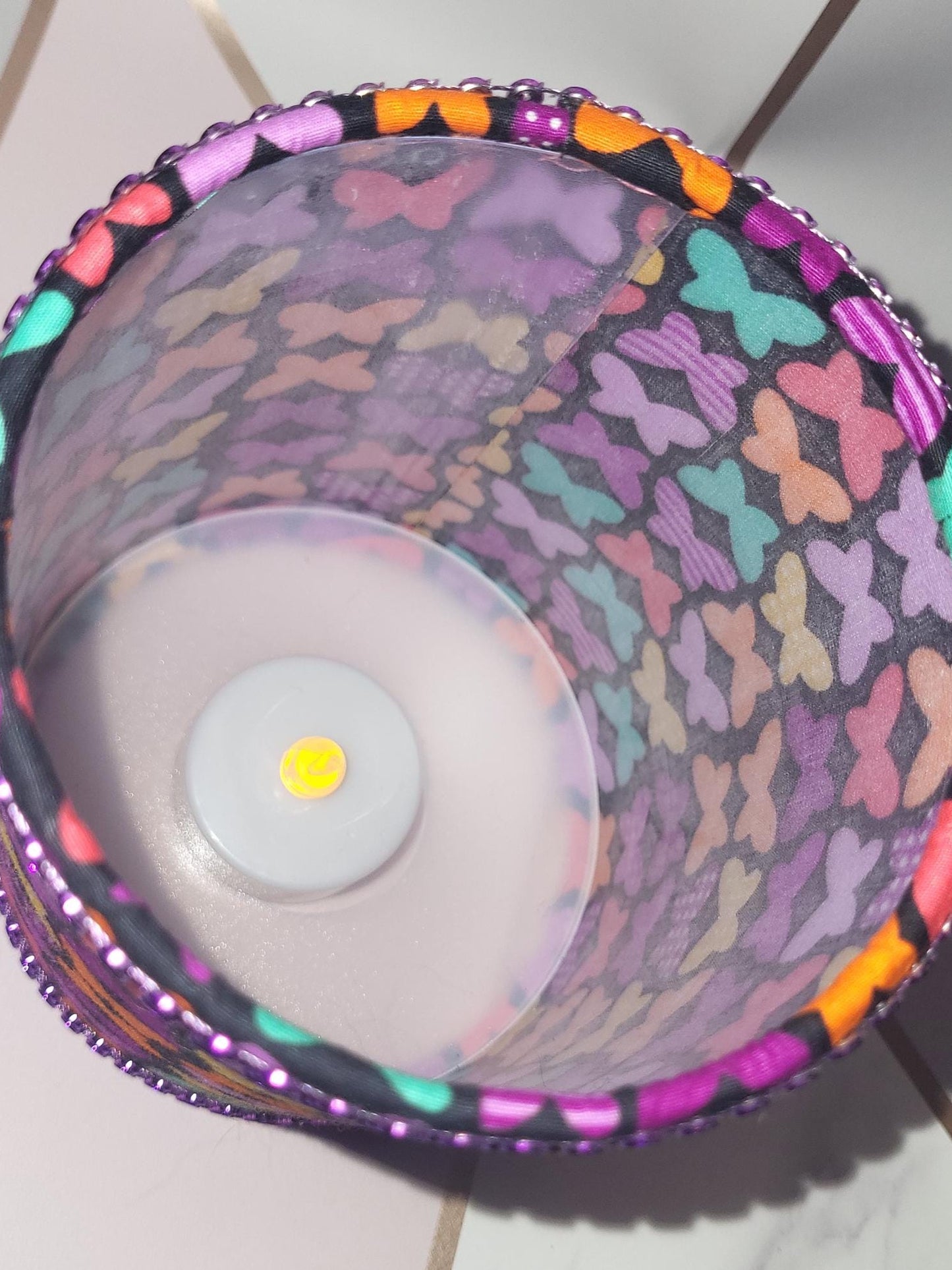 Butterfly Fabric Tea Light Lantern: Handmade LED Holder with Rhinestone Trim