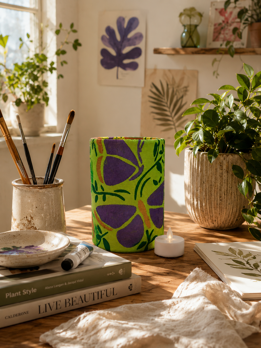 Handdyed Fabric LED Lantern: Teal, Purple, and Green Floral Decor
