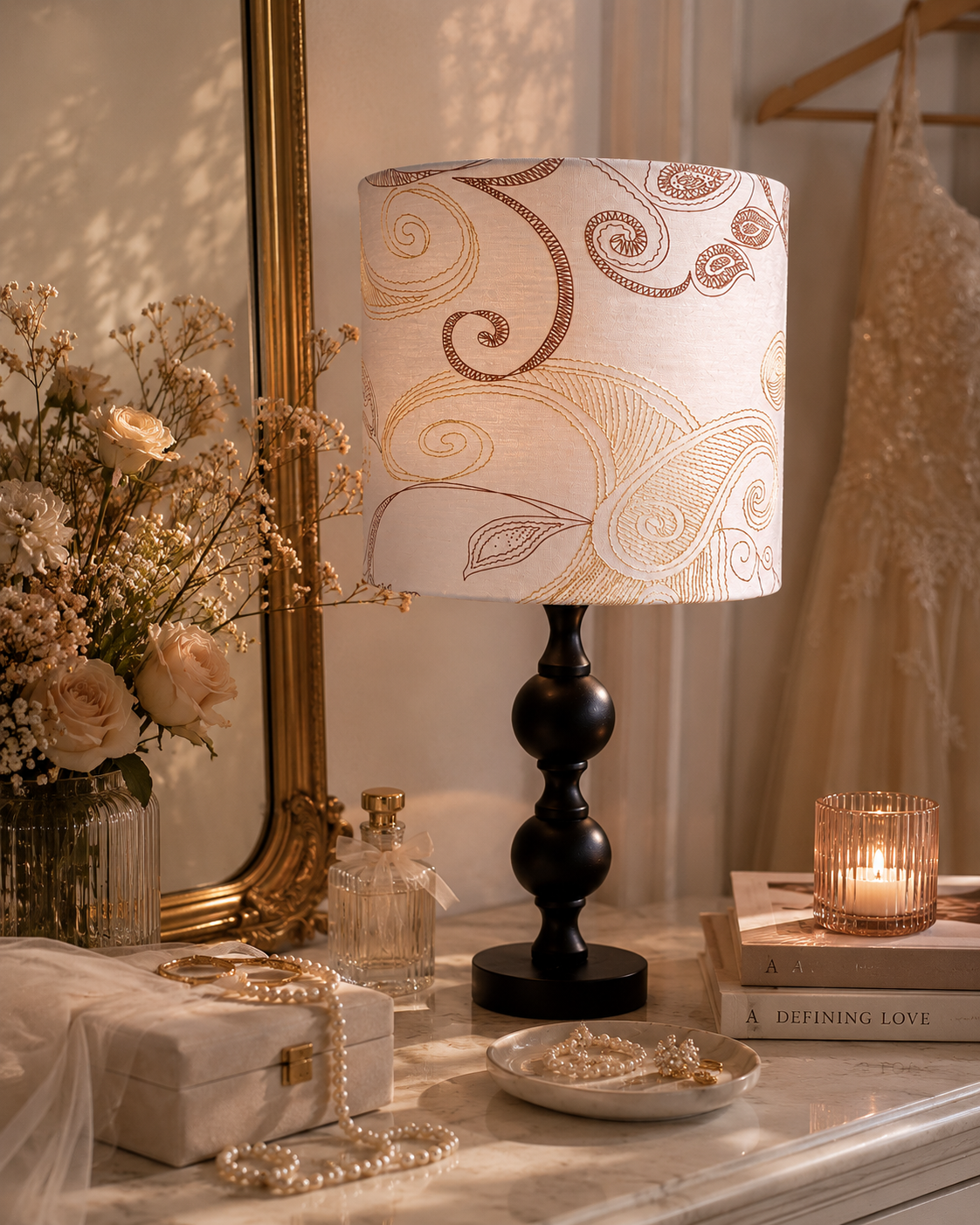 Neutral Paisley Drum Lampshade: Minimalist Table/Pendant Light