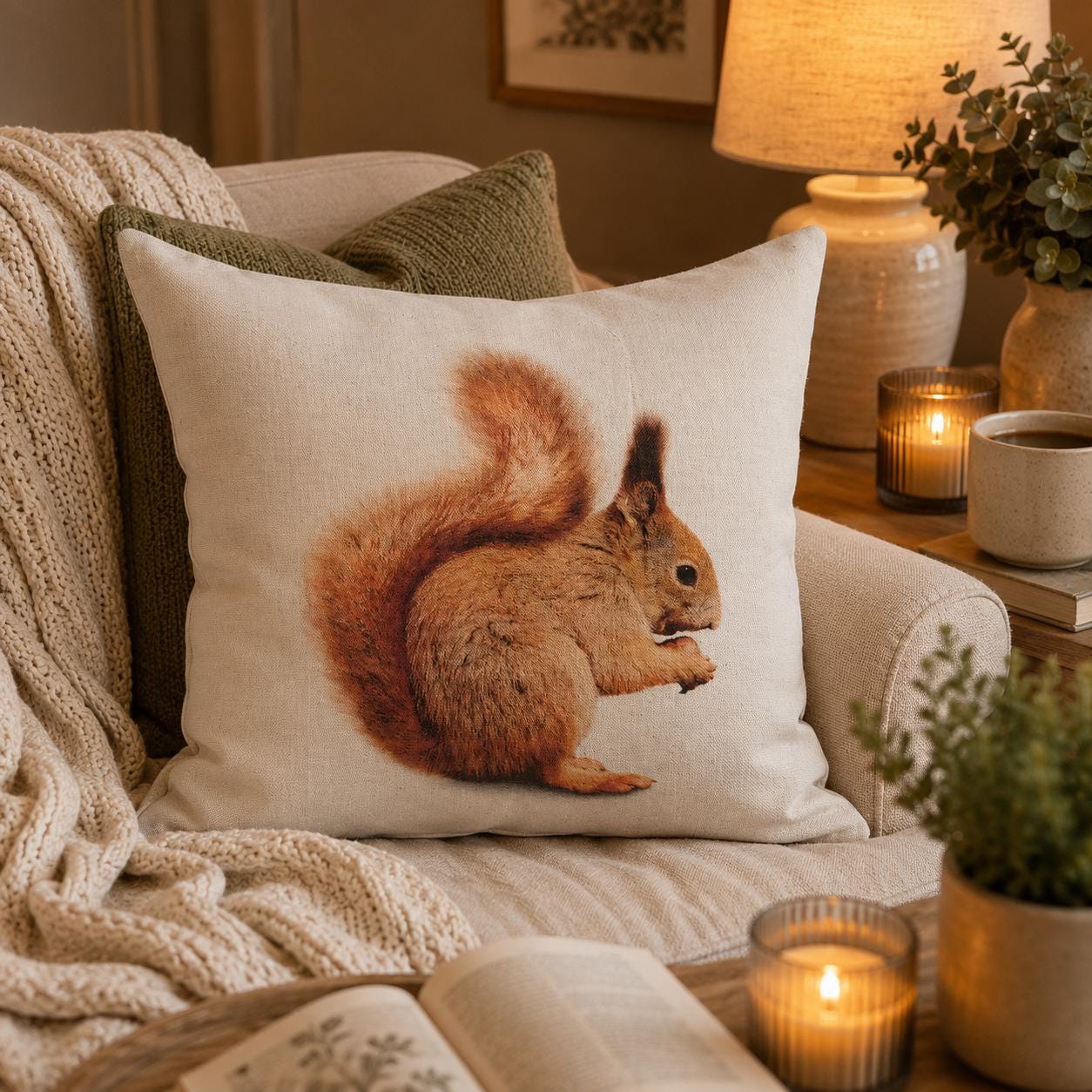 Red Squirrel Print Cotton Cushion: Animal Lover Gift, Summer Decor