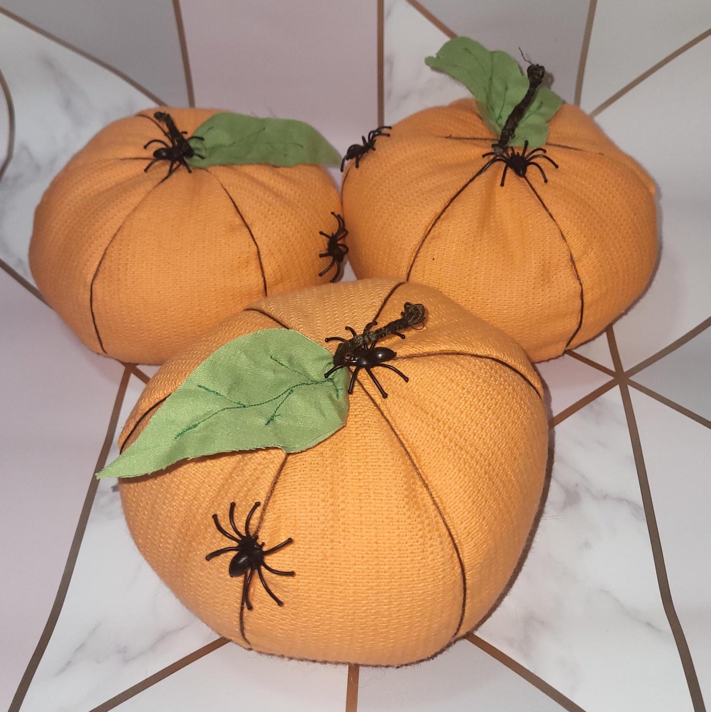 Handmade Orange Halloween Pumpkins: Spooky Spider Decor, Set of 3