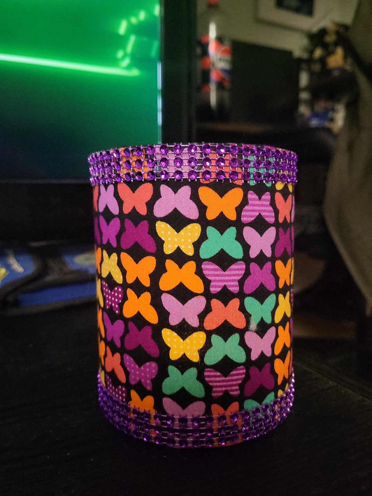 Butterfly Fabric Tea Light Lantern: Handmade LED Holder with Rhinestone Trim