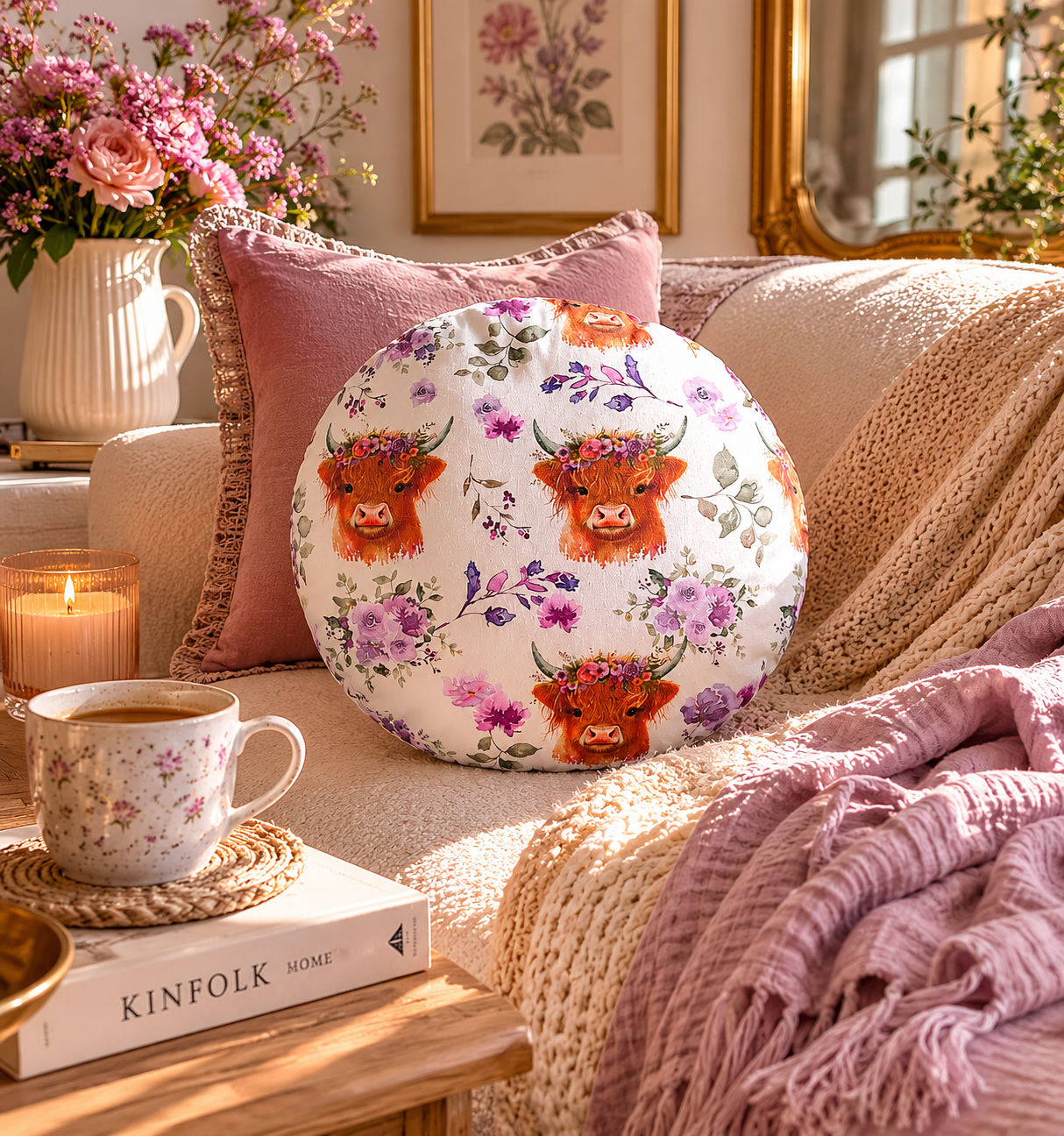 Highland Cow Cushion: Floral Print, Purple Velvet Back