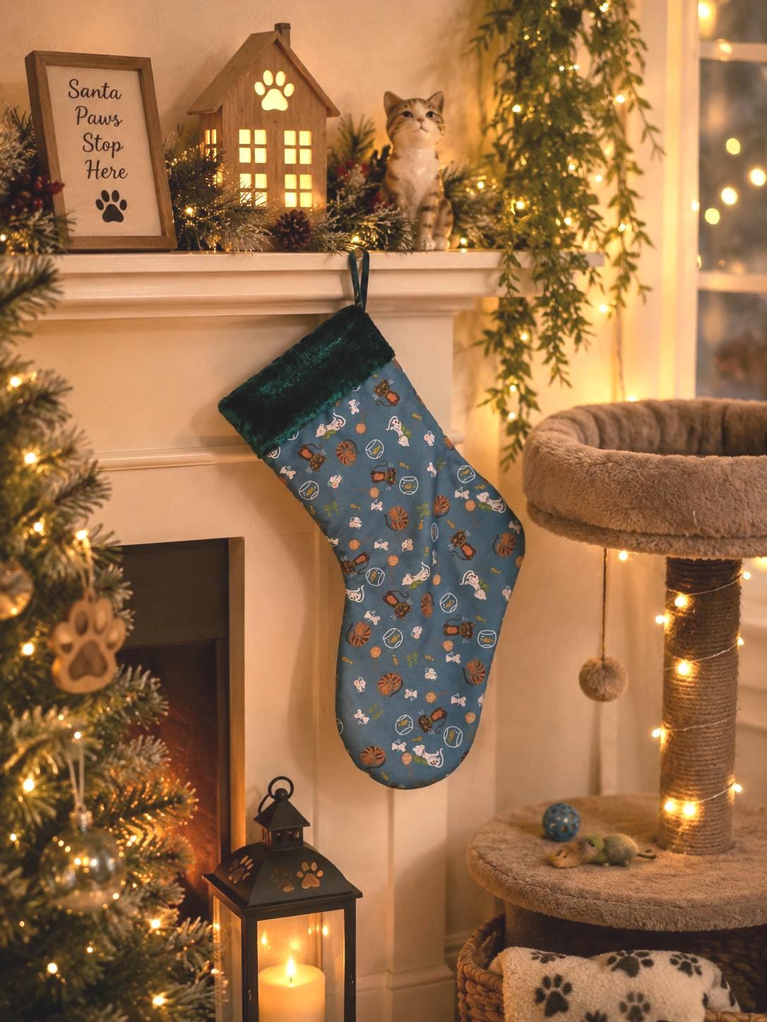 Cat Christmas Stocking: Emerald Velvet Trim, Feline Lover Gift - KJ Designs