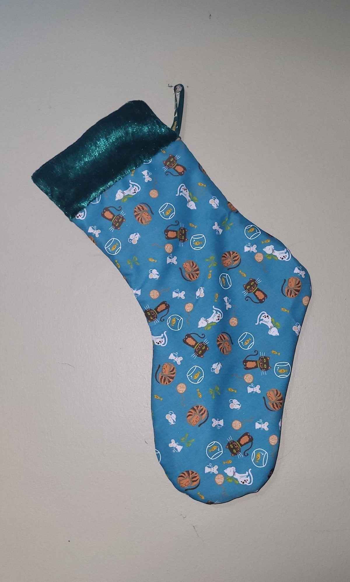 Cat Christmas Stocking: Emerald Velvet Trim, Feline Lover Gift - KJ Designs