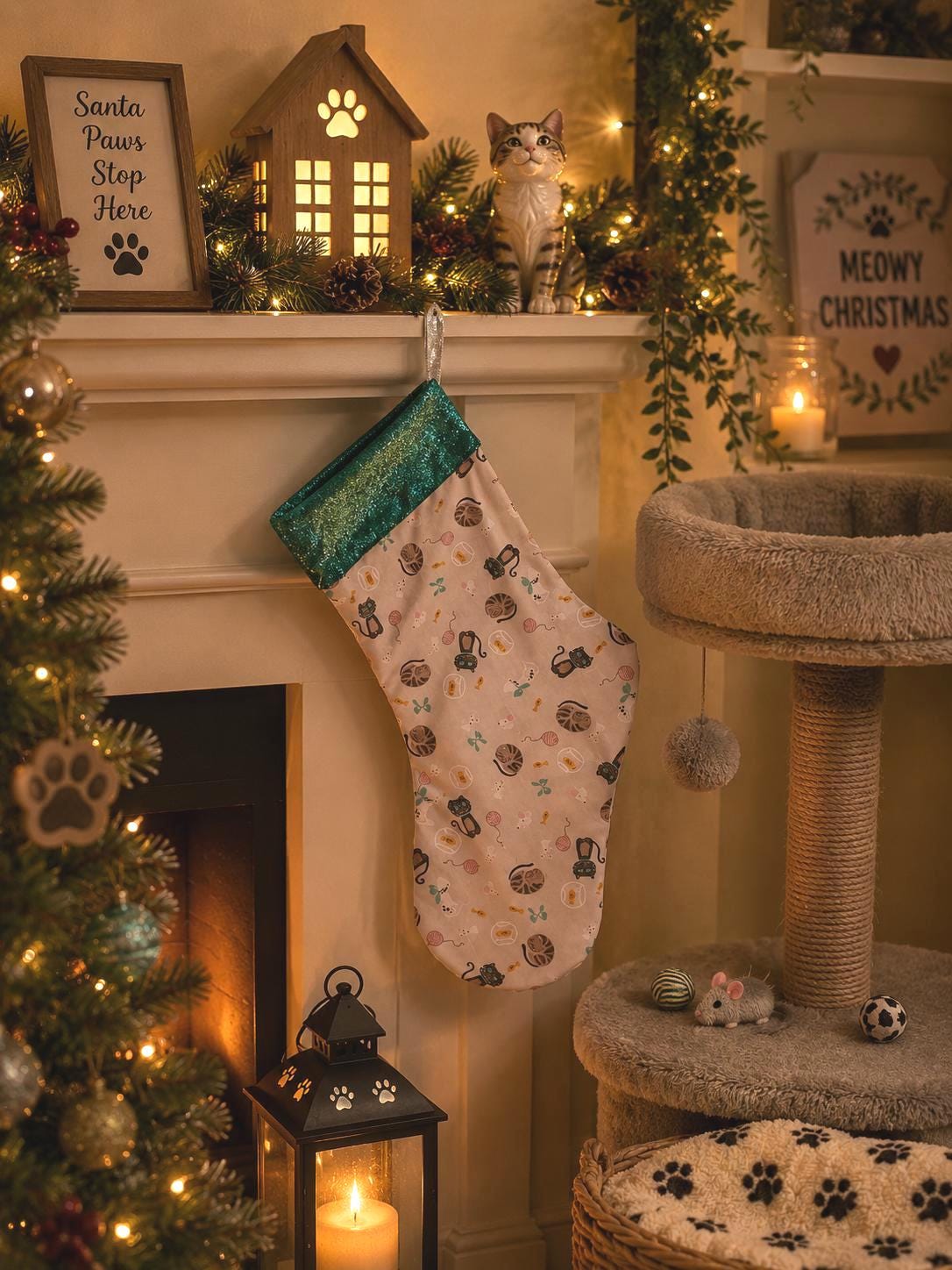 Cat Christmas Stocking: Emerald Velvet Trim, Feline Lover Gift - KJ Designs