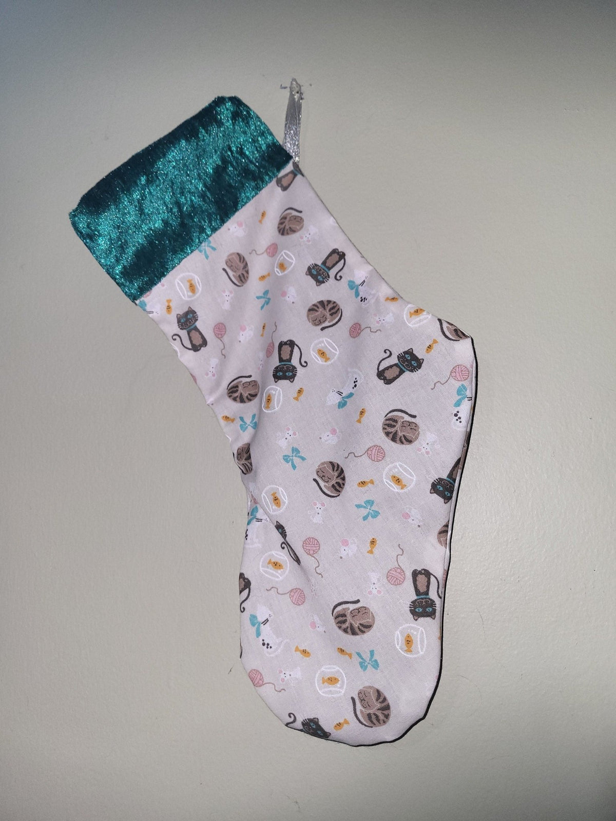 Cat Christmas Stocking: Emerald Velvet Trim, Feline Lover Gift - KJ Designs