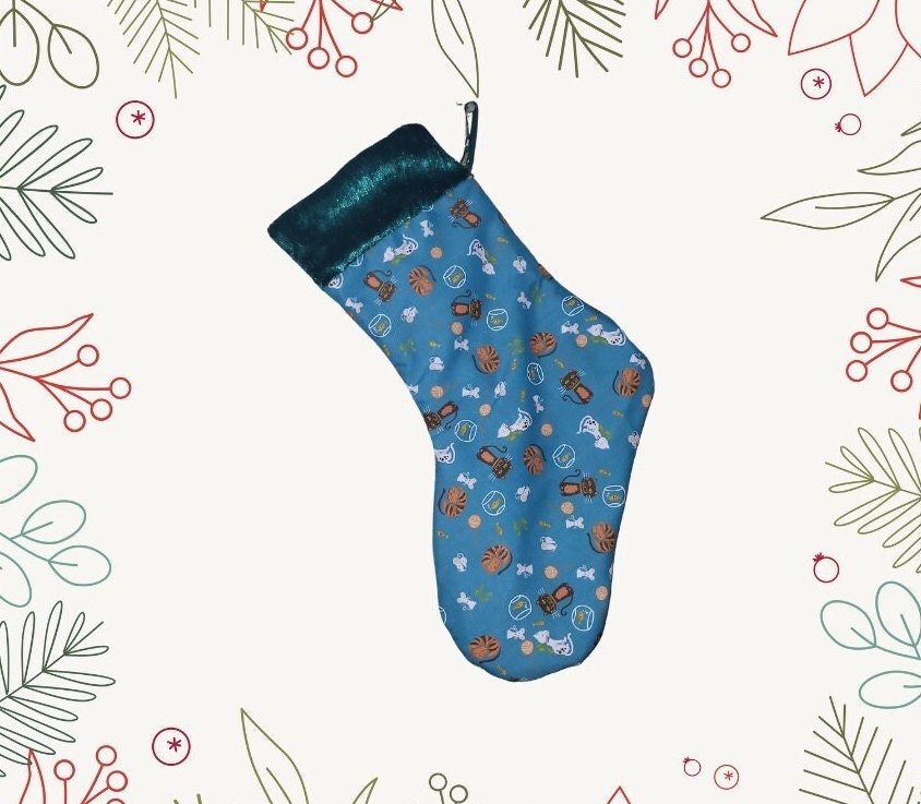 Cat Christmas Stocking: Emerald Velvet Trim, Feline Lover Gift - KJ Designs