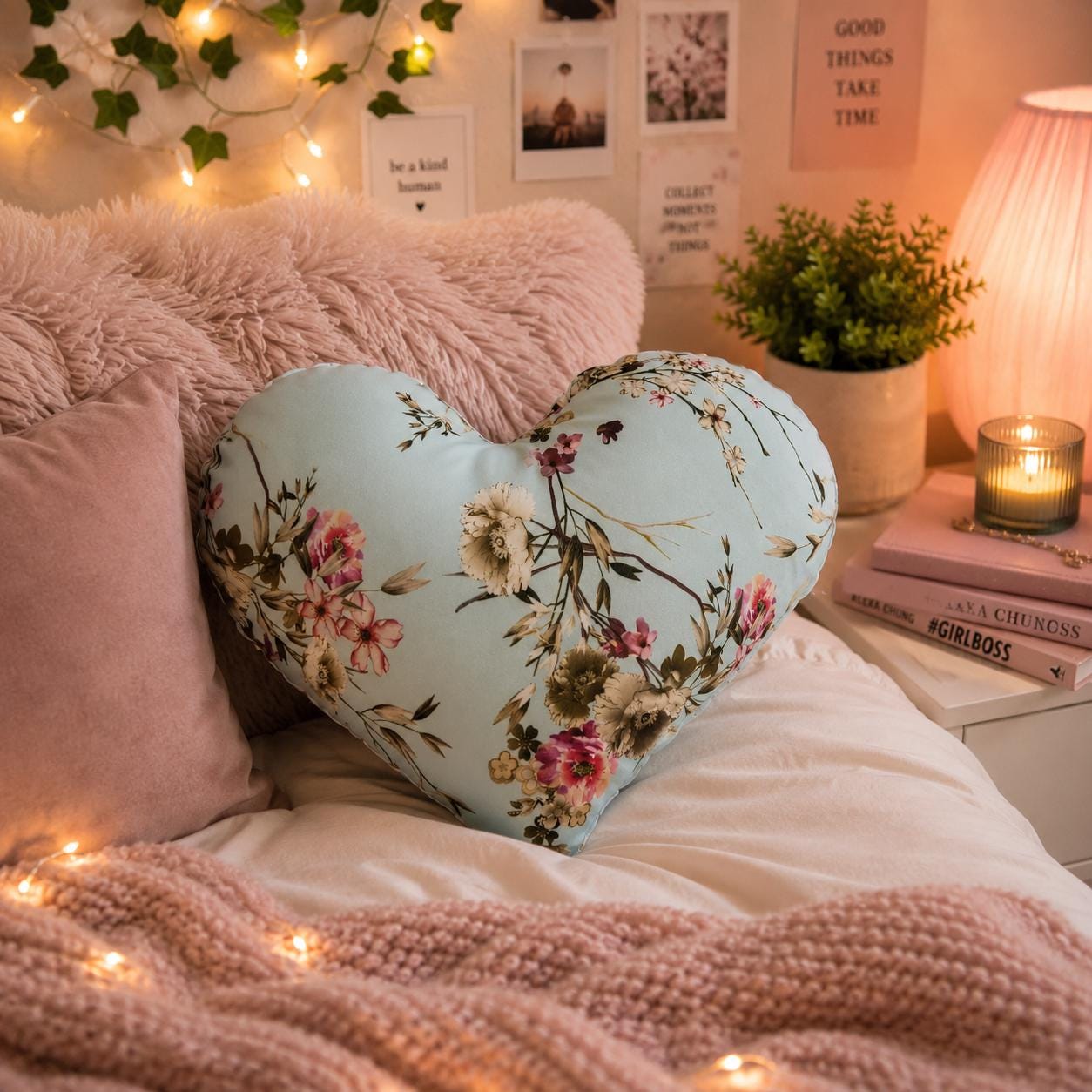 Floral Heart Pillow: Spring Decor, Pale Green Flower Print