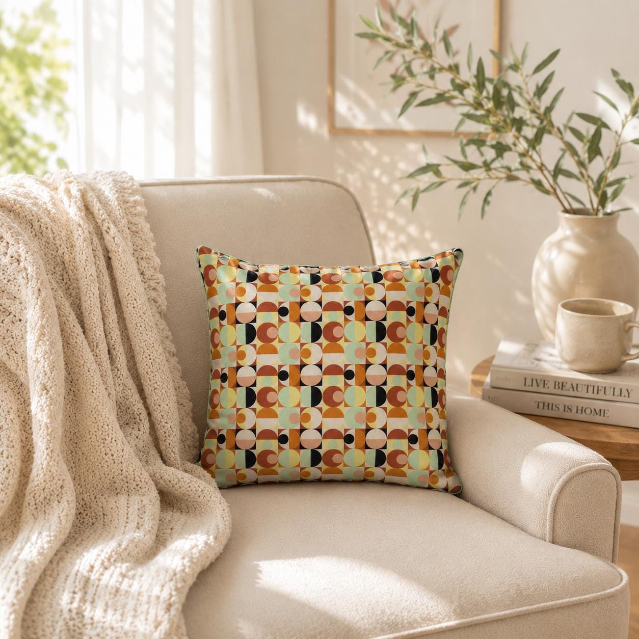 Geometric Print Cotton Cushion: Rustic Autumn Decor (40x40cm)