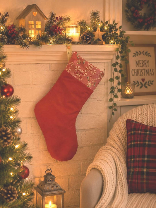 Handmade Christmas Stocking: Red Candy Cane Fabric, Silver Velvet Trim