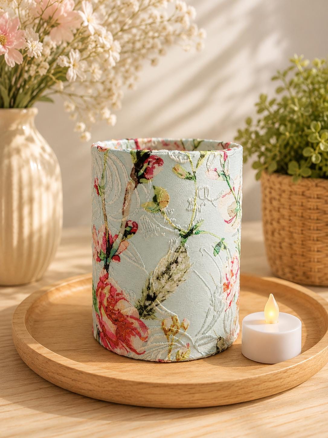 Handmade Floral Fabric Tea Light Lantern: Teal Home Decor