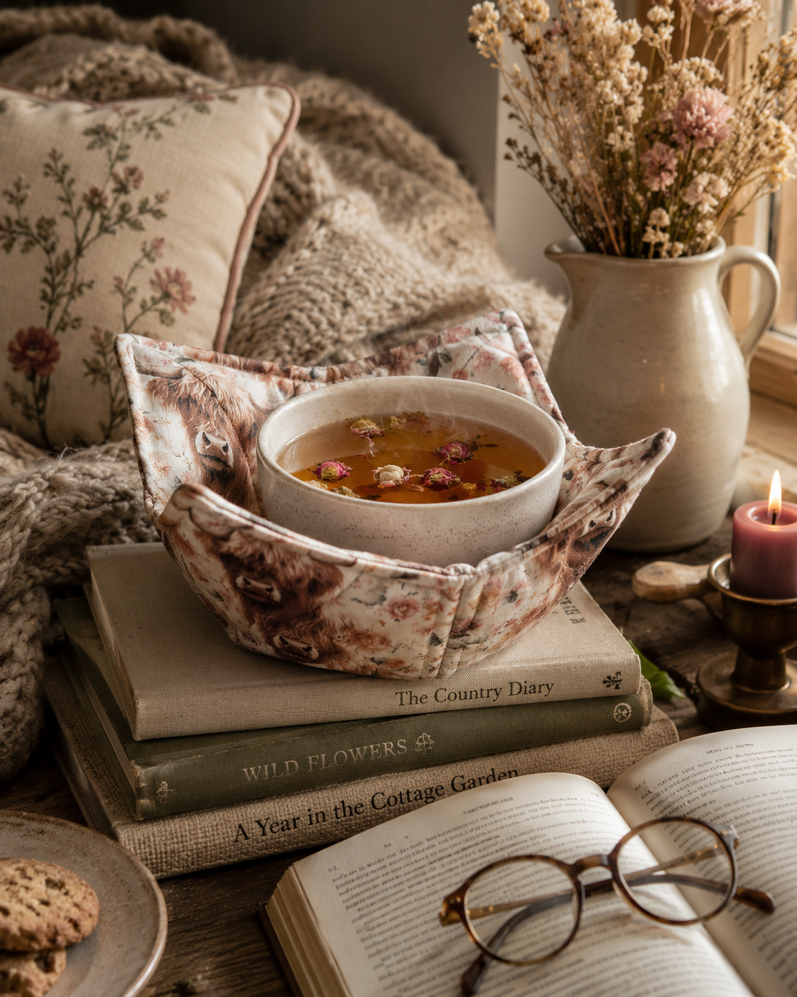 Highland Cow Bowl Cozy: Floral Farmhouse Decor
