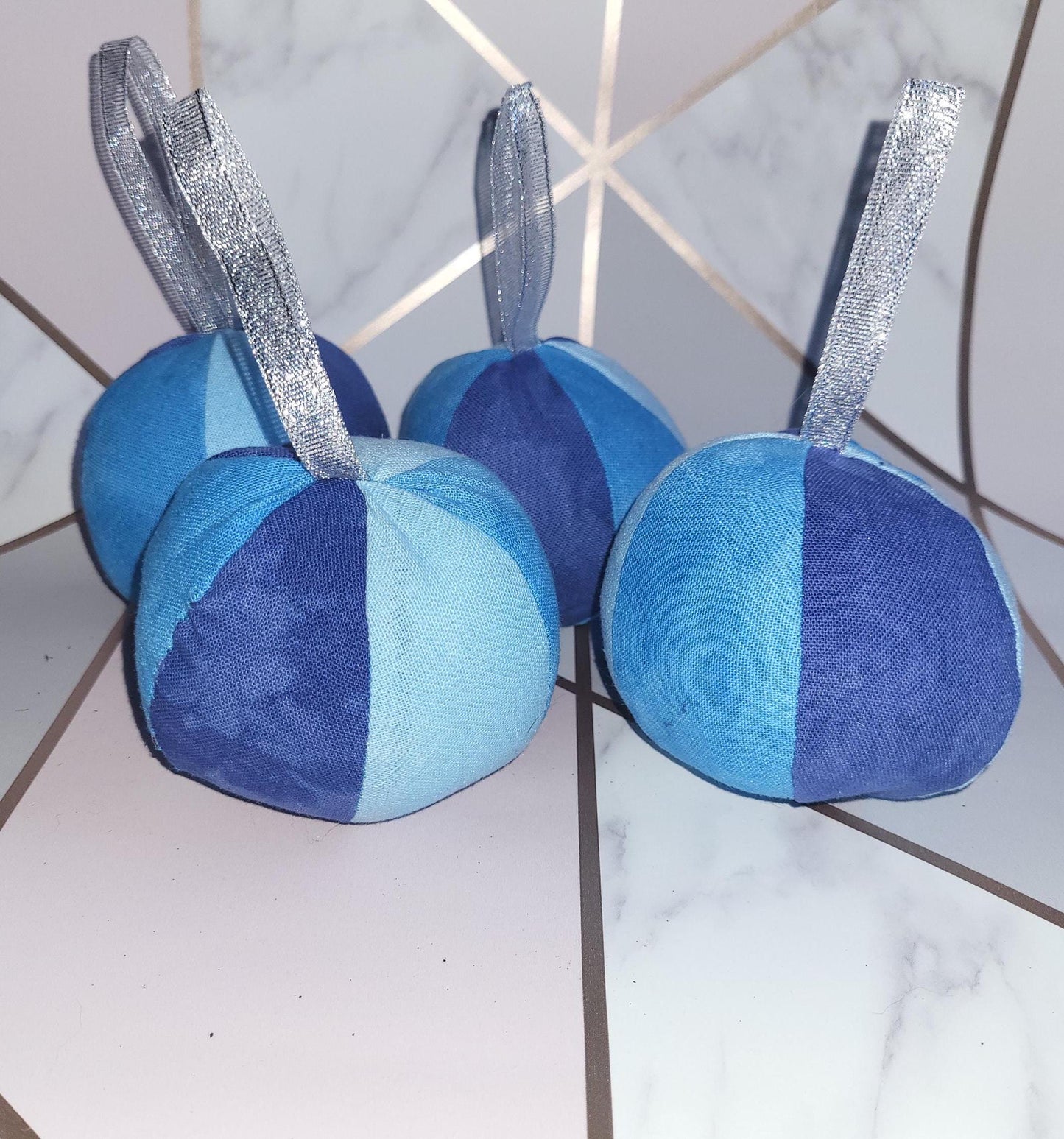 Hand-Dyed Blue Fabric Christmas Baubles: Eco-Friendly Ornament Set
