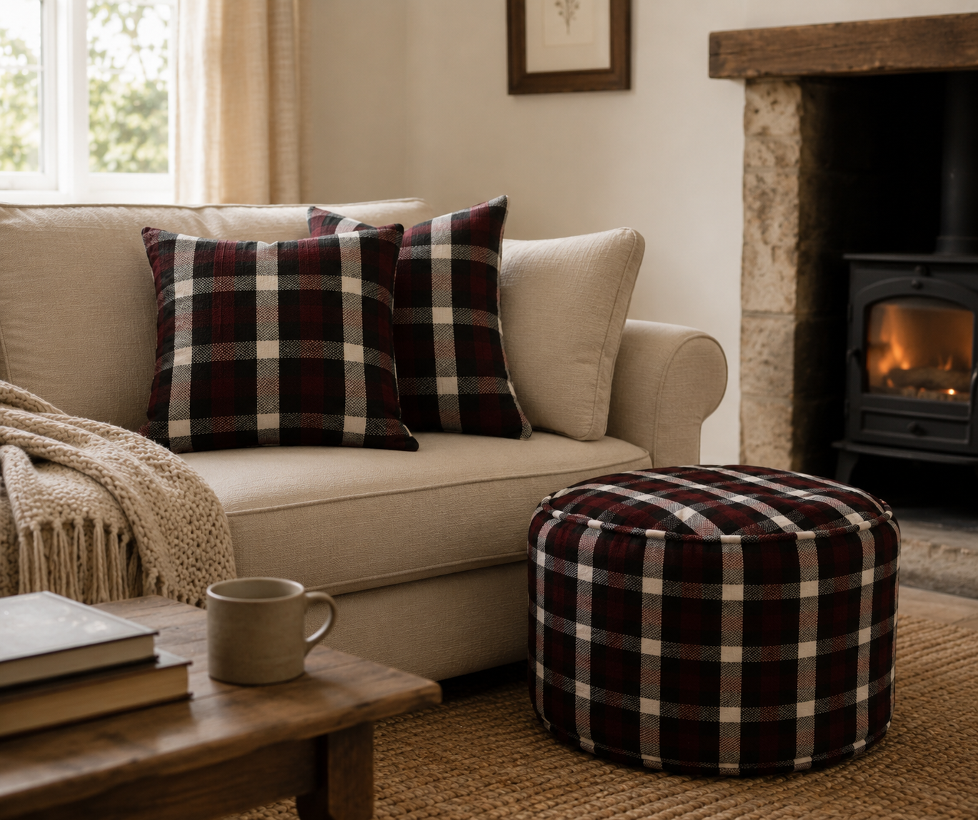 Plaid Throw Pillows: Purple & Black Tartan Cushions, Woven Cotton (Pair)