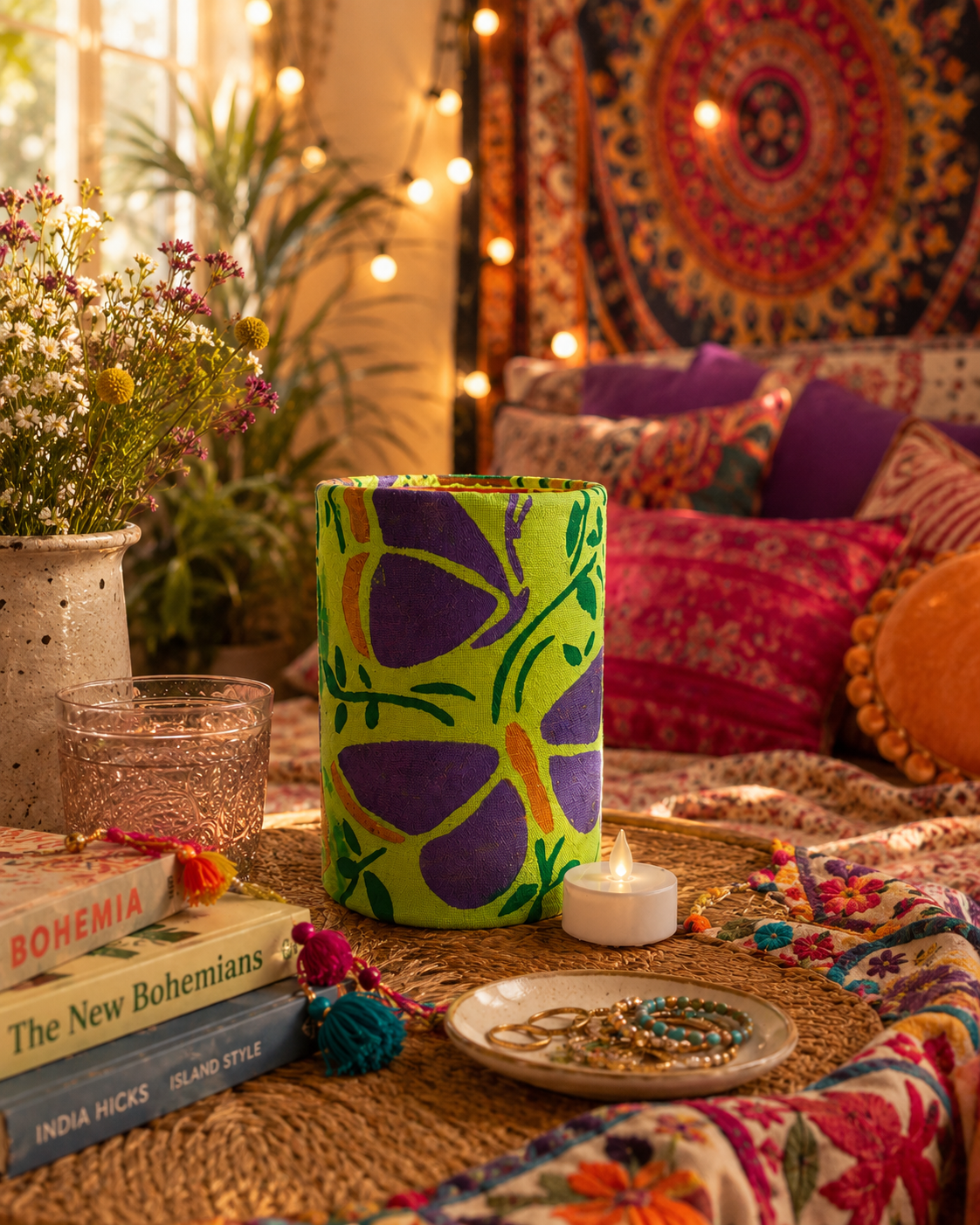 Handdyed Fabric LED Lantern: Teal, Purple, and Green Floral Decor