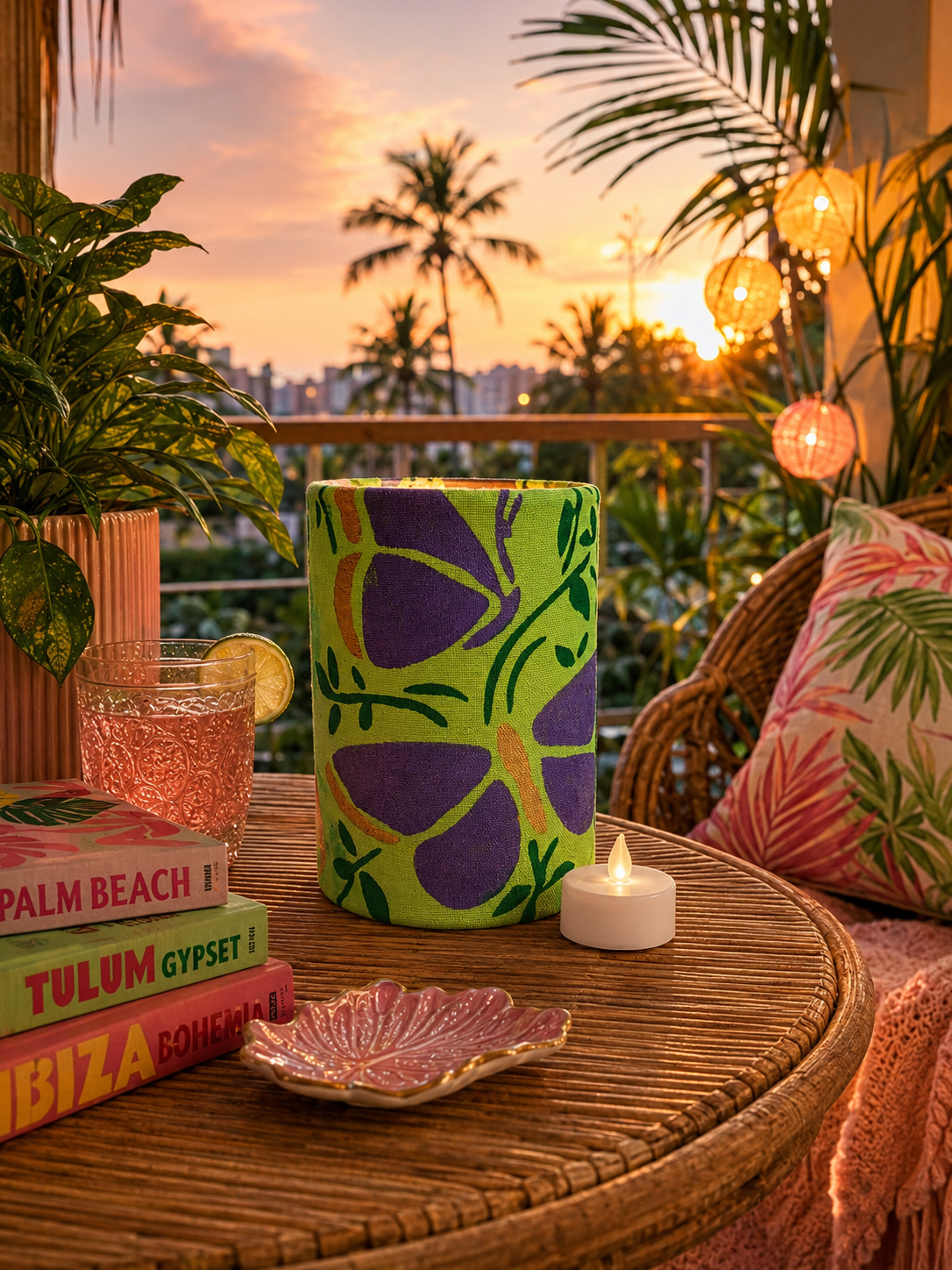 Handdyed Fabric LED Lantern: Teal, Purple, and Green Floral Decor