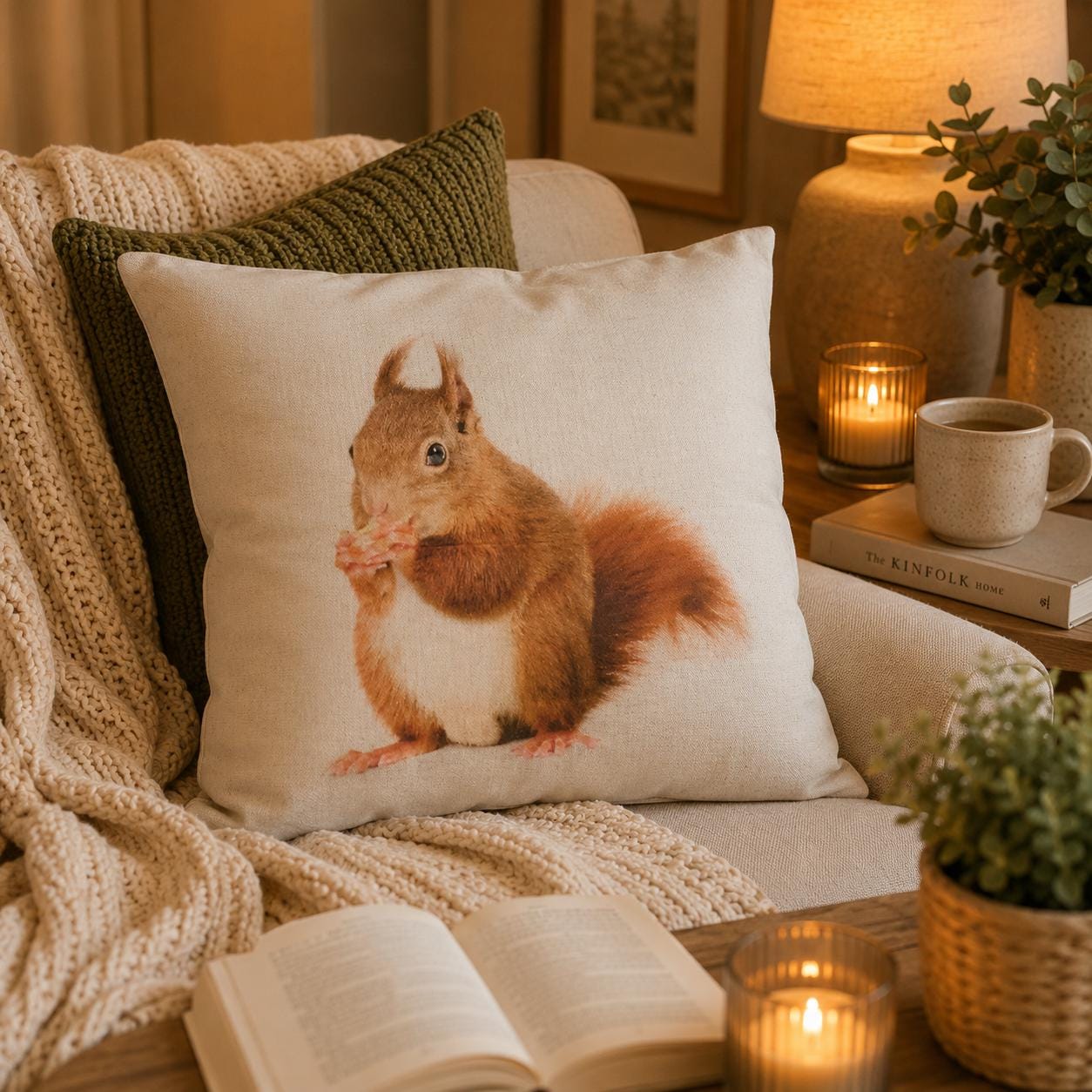 Red Squirrel Print Cotton Cushion: Animal Lover Gift, Summer Decor