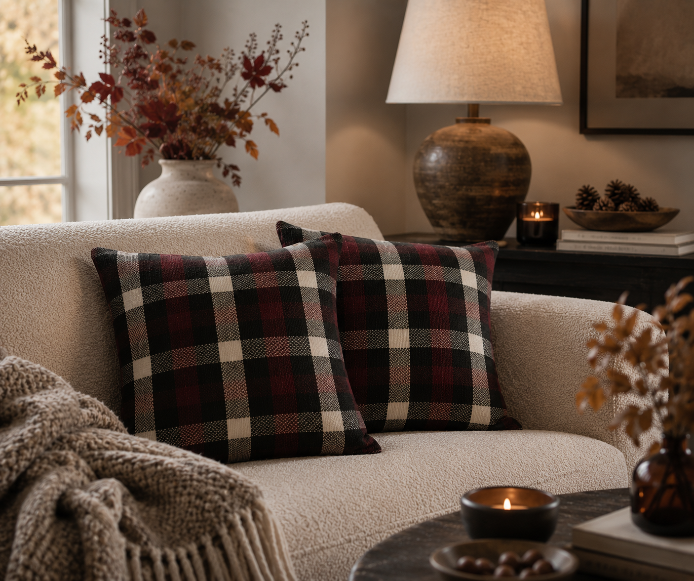 Plaid Throw Pillows: Purple & Black Tartan Cushions, Woven Cotton (Pair)