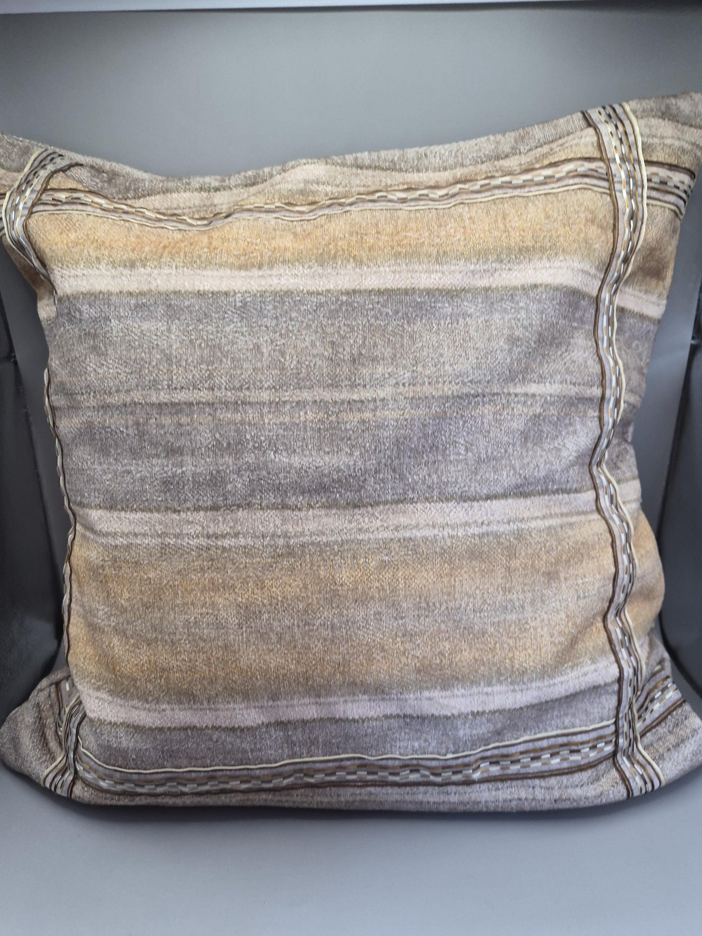 Neutral Stripe Cushion 40x40cm – Beige Taupe Textured Pillow with Ribbon Detail
