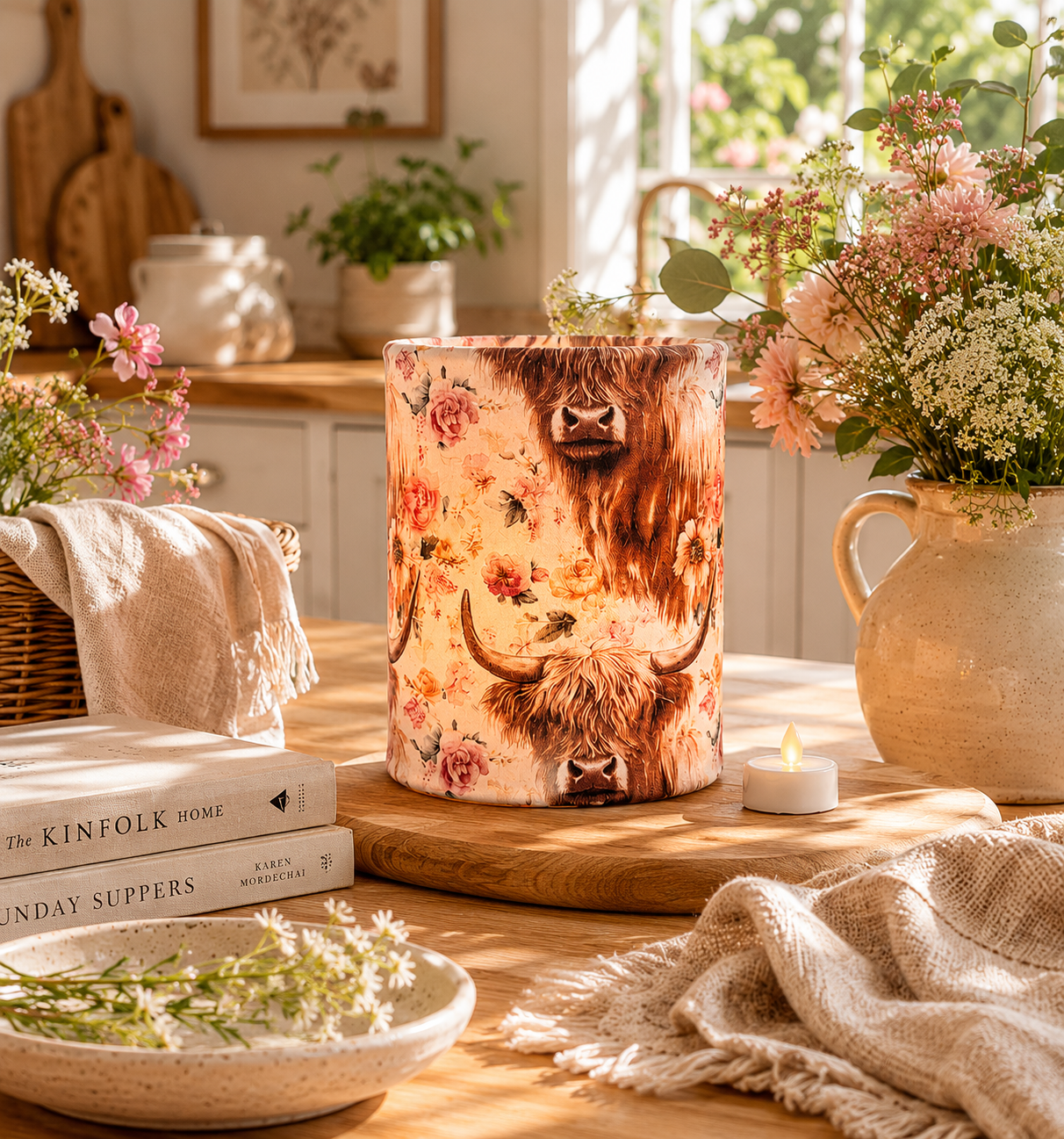 Highland Cow Fabric LED Lantern: Farmhouse Tealight Holder