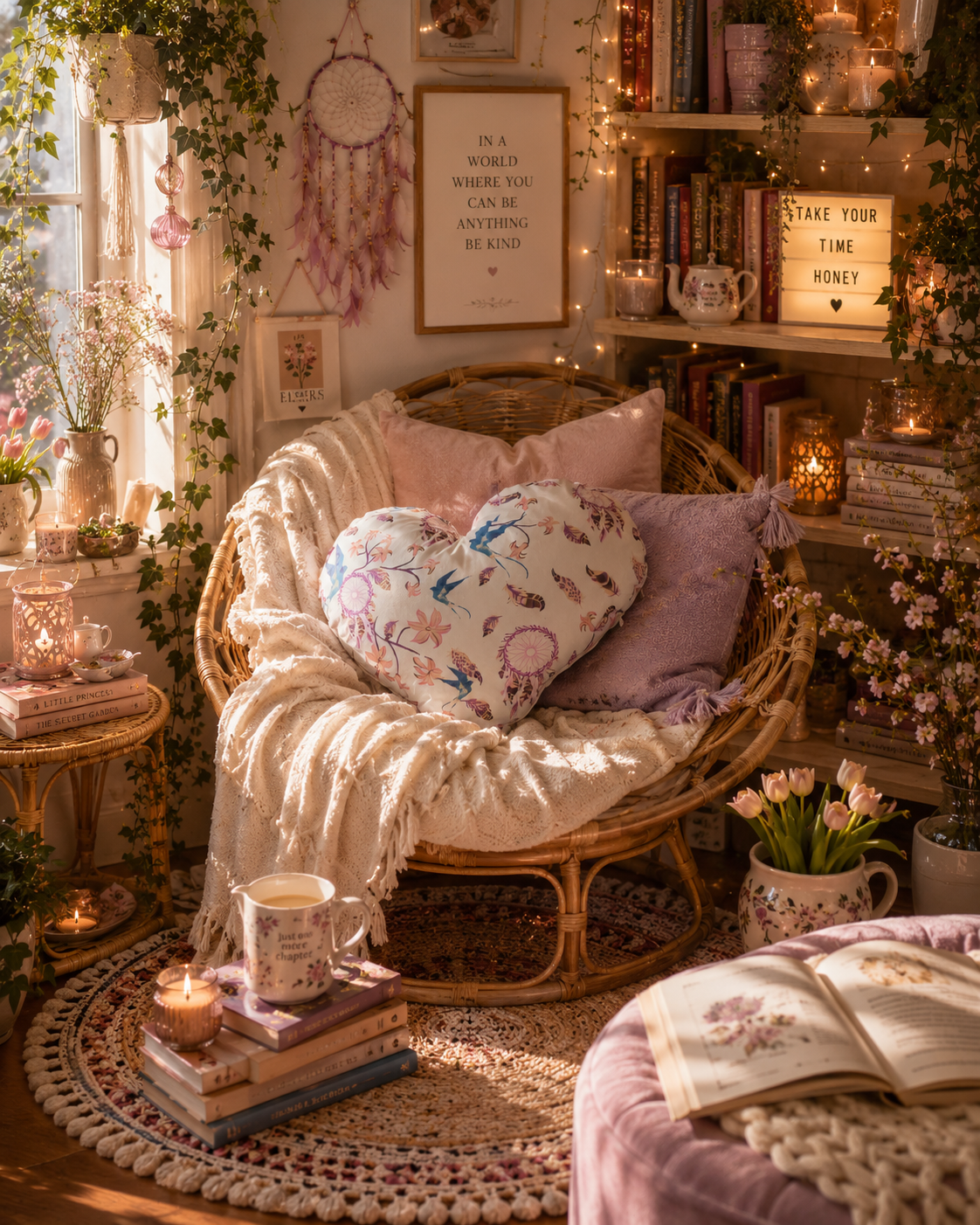 Floral Heart Cushion: Bird & Dreamcatcher Print Pillow