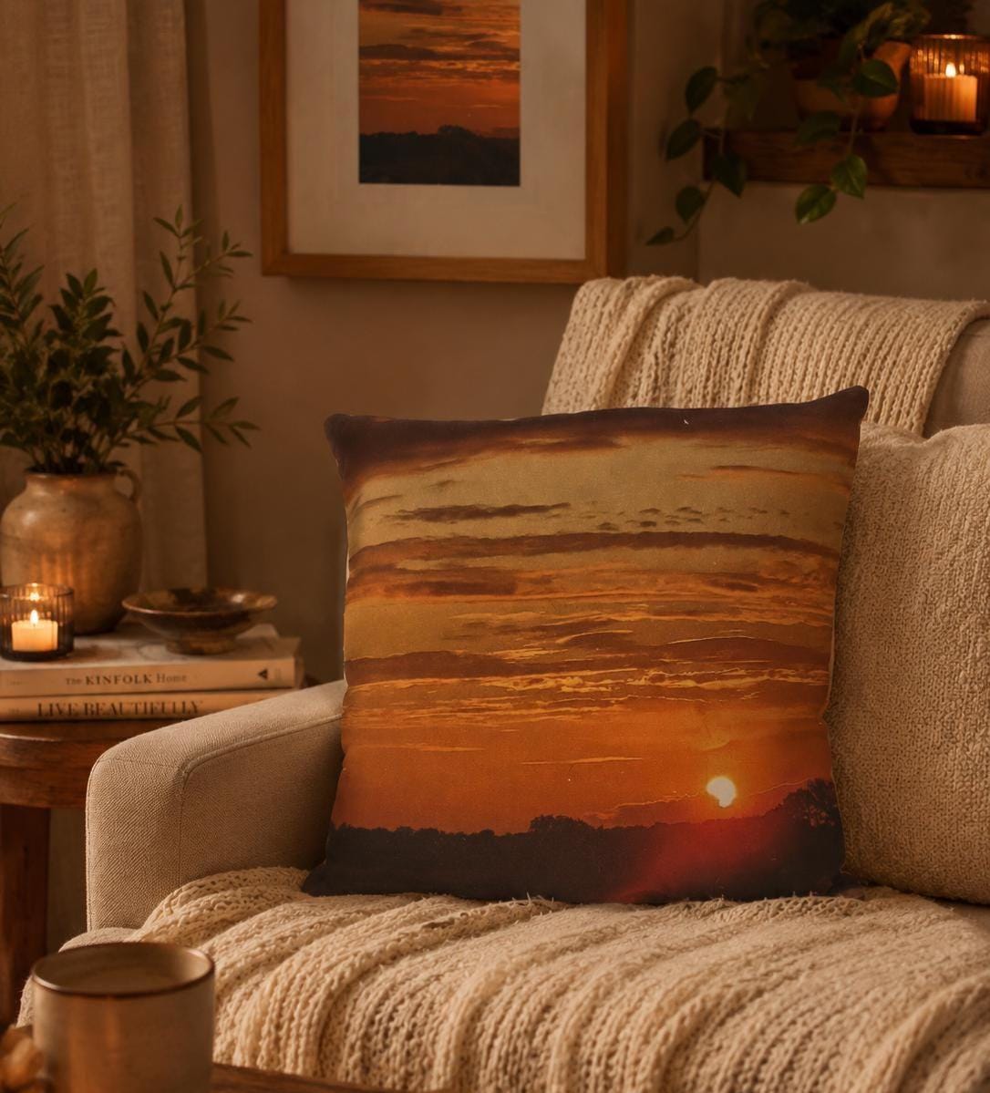 Sunset Landscape Cushion Cover | Hand-Dyed Backing, Digital Print Pillow (30x30cm)