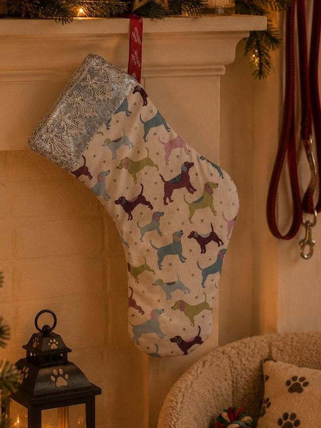 Dog Christmas Stocking: Eco-Friendly Fabric, Sausage Dog Design - KJ Designs