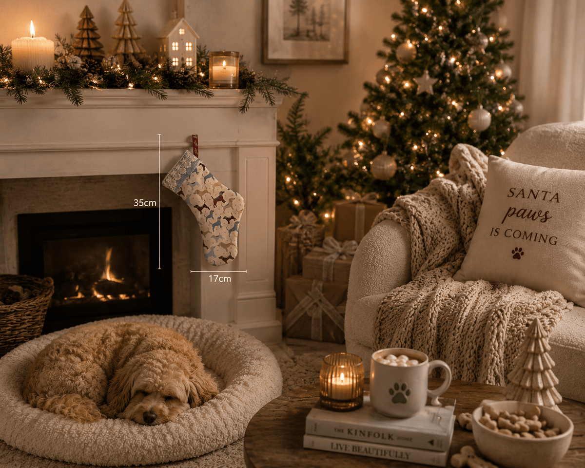 Dog Christmas Stocking: Eco-Friendly Fabric, Sausage Dog Design - KJ Designs