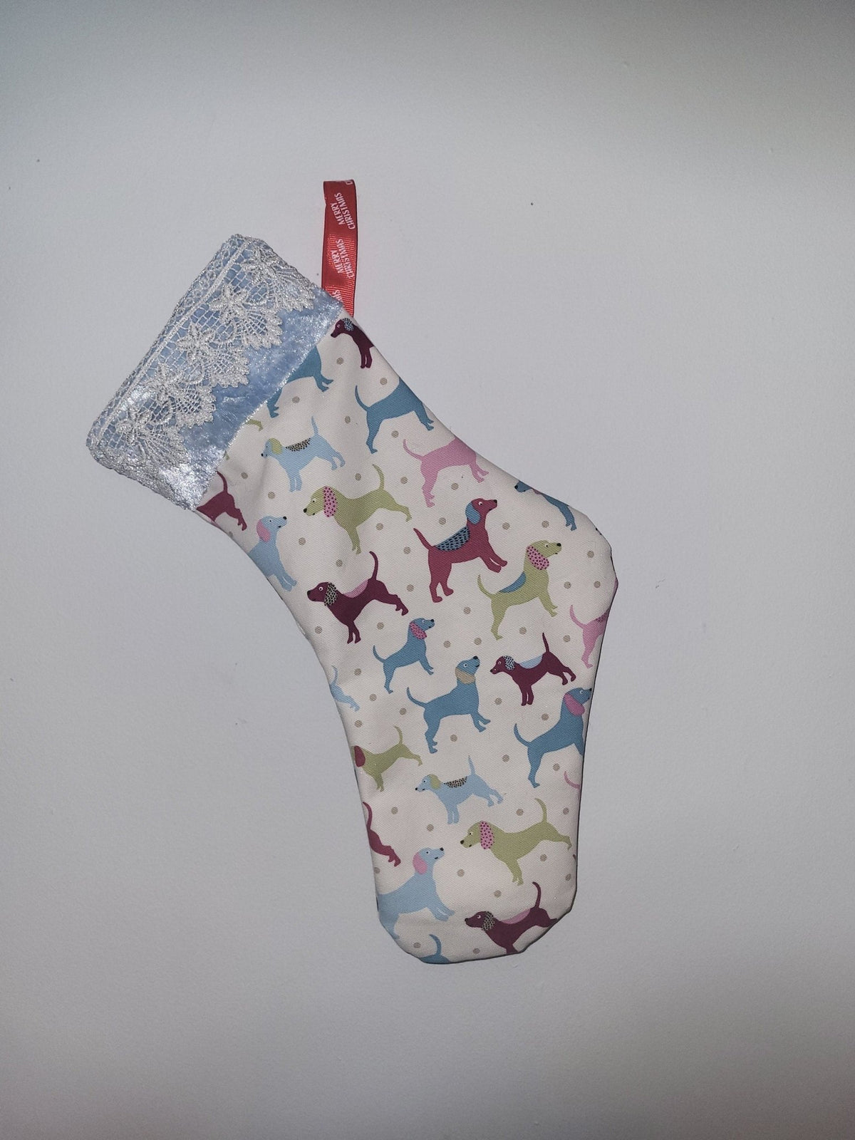 Dog Christmas Stocking: Eco-Friendly Fabric, Sausage Dog Design - KJ Designs