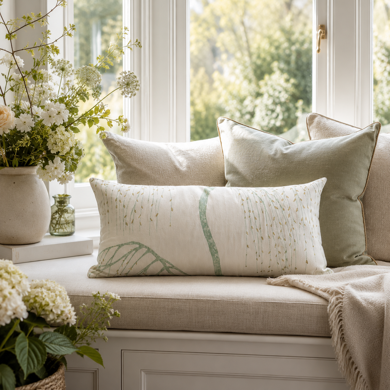 Willow Tree Cotton Cushions: Green and Gold Nature Decor (Set of 2)