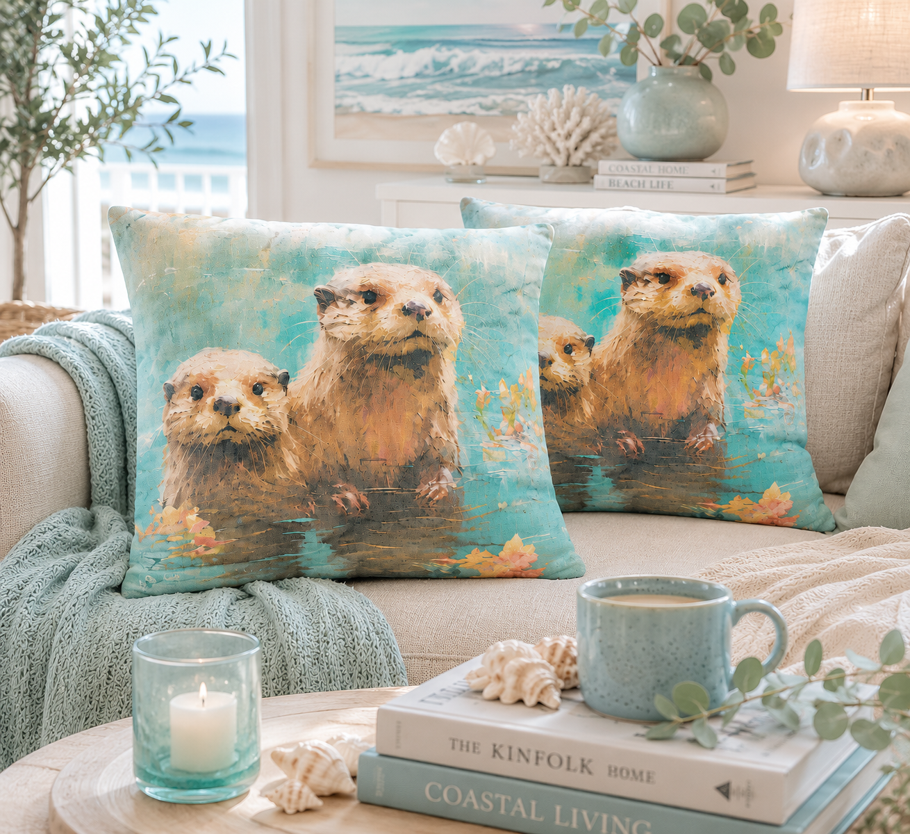 Otter Family Watercolour Print Cushions | Nature Inspired Coastal Home Décor (30x30cm)