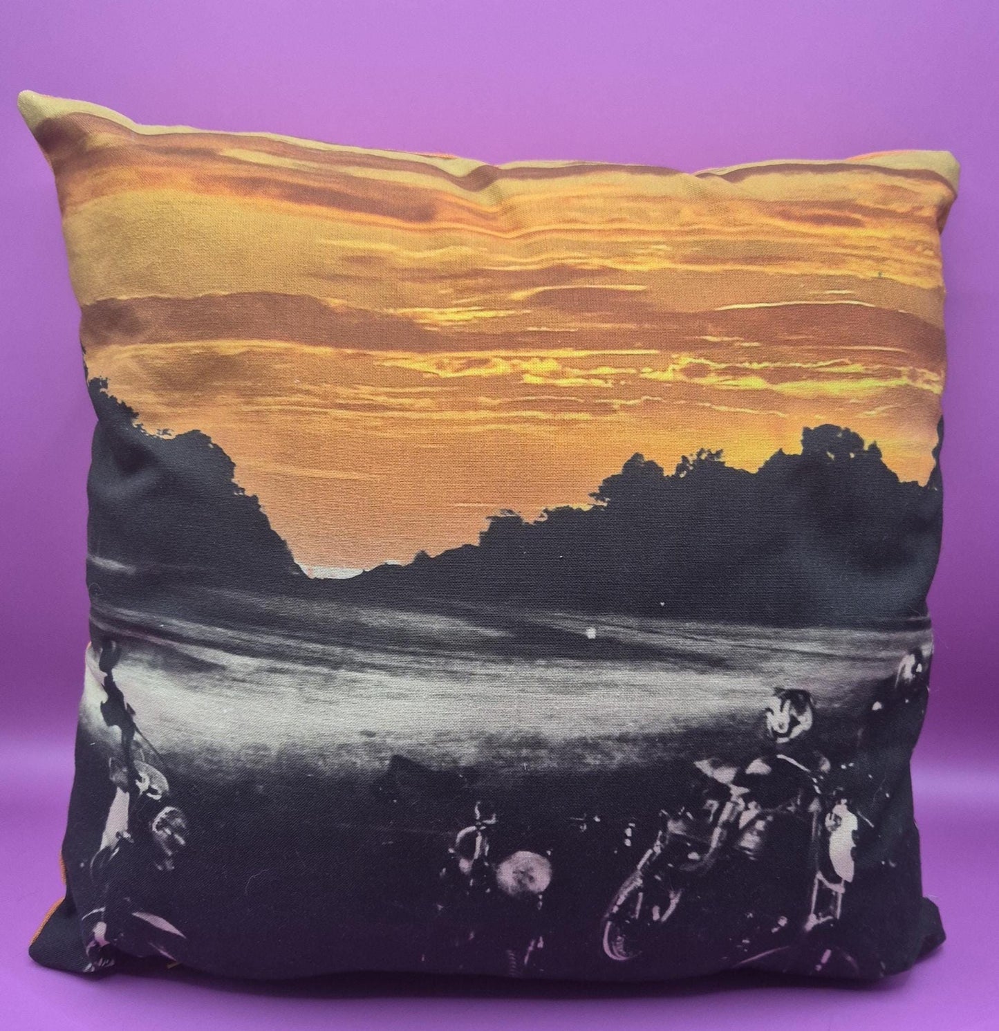 Sunset Motorcycle Scene Cushion: Unique Digitally Printed Art Cushion