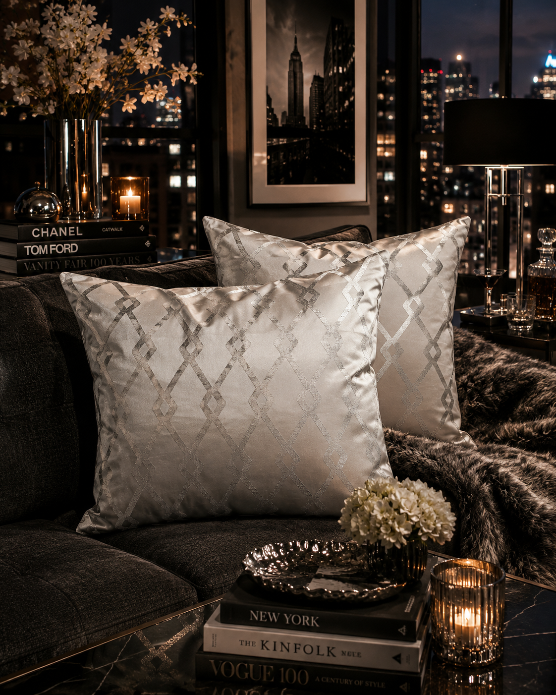 Geometric Silver Grey Cushions: Minimalist Home Decor, Rectangle Pillow Pair