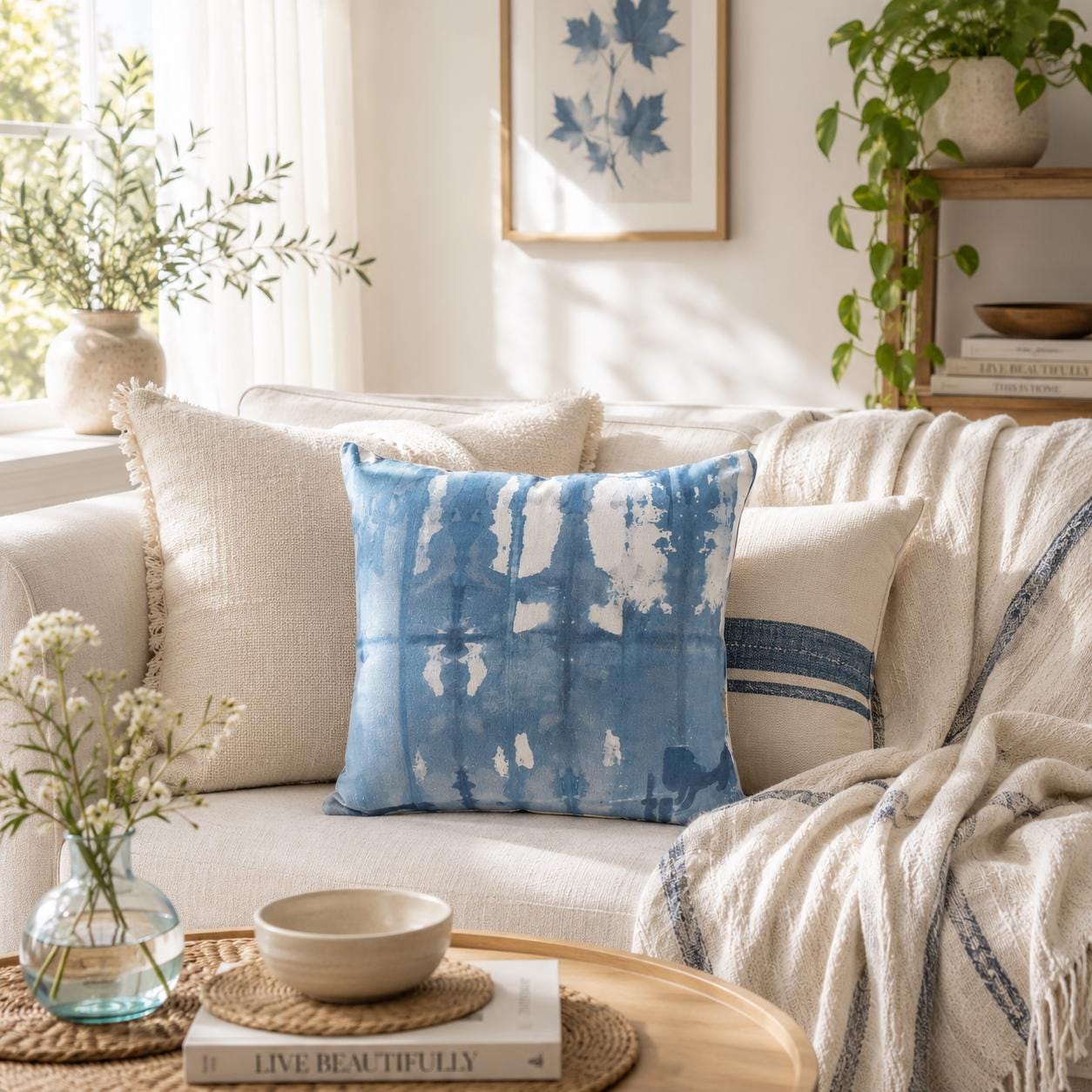 Hand-Dyed Indigo Shibori Cushion: Blue & White Cotton Decor