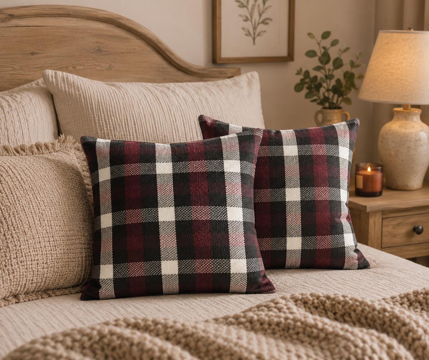 Plaid Throw Pillows: Purple & Black Tartan Cushions, Woven Cotton (Pair)