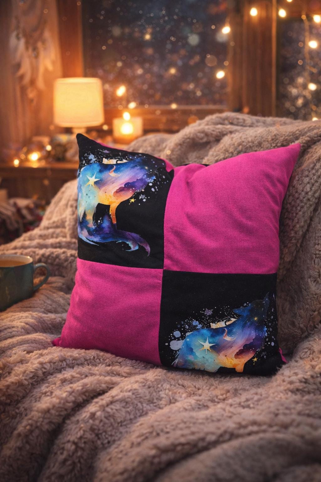 Galaxy Wolf Patchwork Cushion Cover – Pink Celestial Sofa Decor (25x25cm)