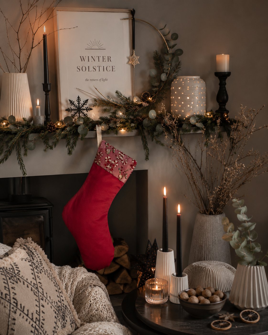 Handmade Christmas Stocking: Red Candy Cane Fabric, Silver Velvet Trim