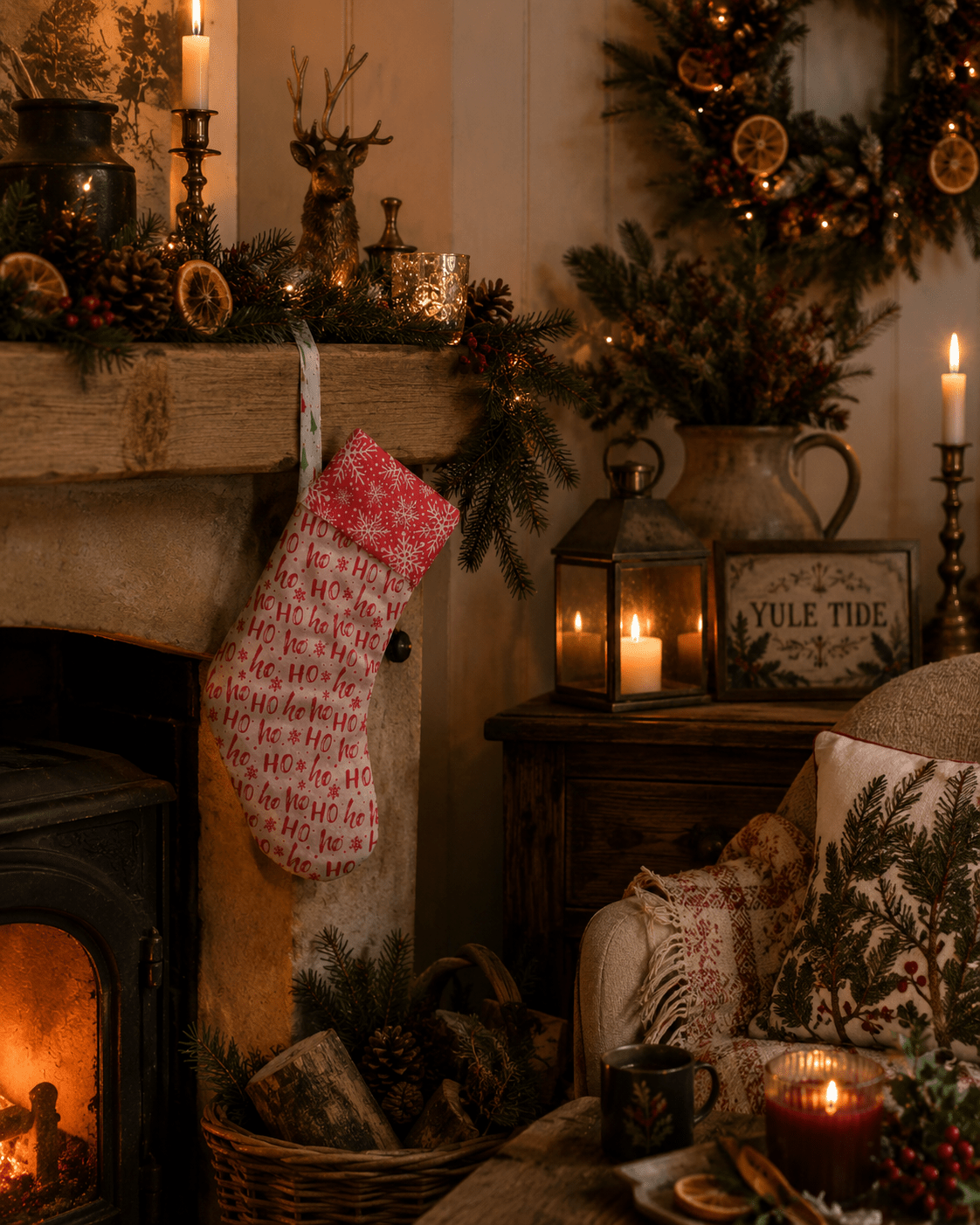 Fabric Christmas Stocking, Red and White Snowflake Decor - KJ Designs