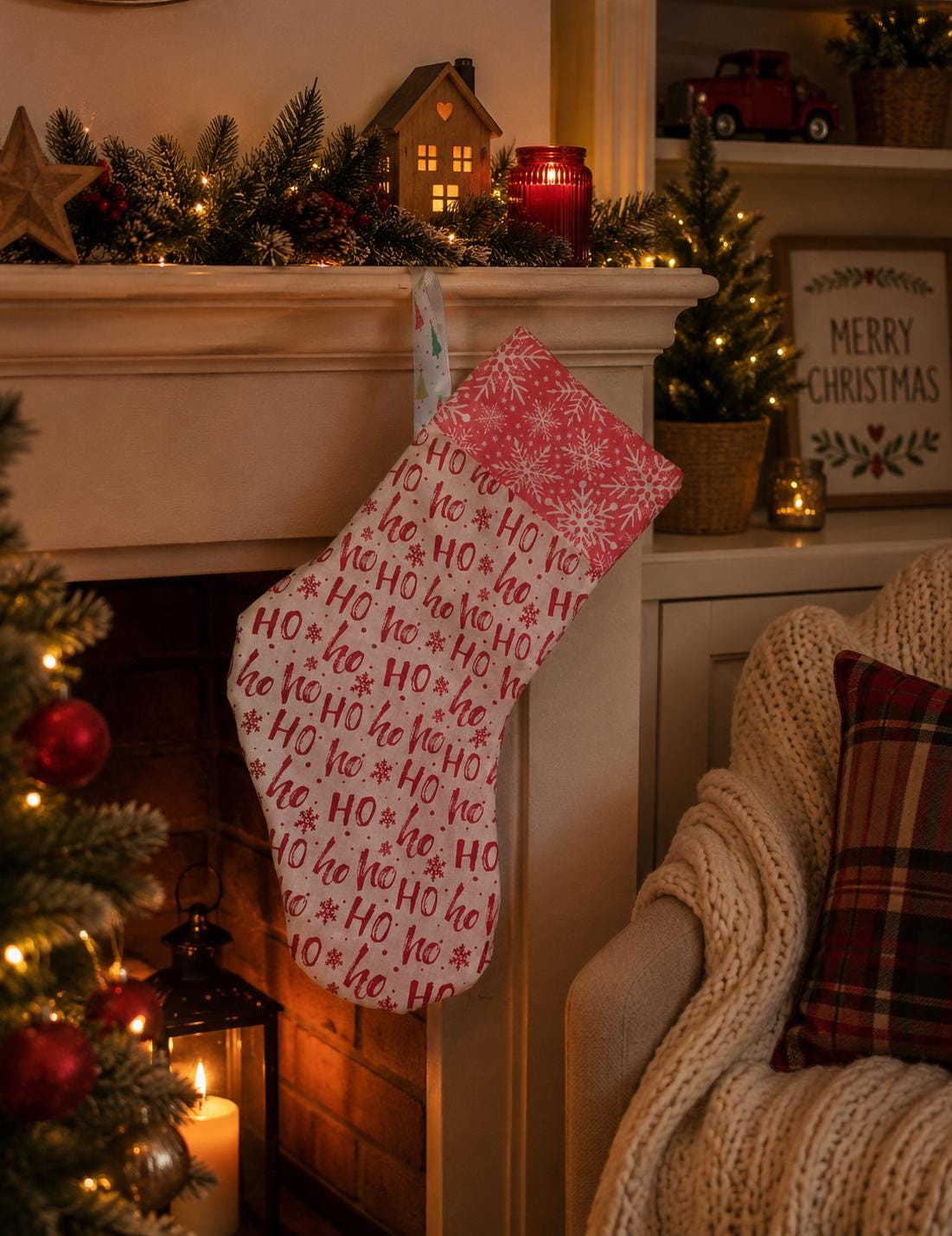 Fabric Christmas Stocking, Red and White Snowflake Decor - KJ Designs