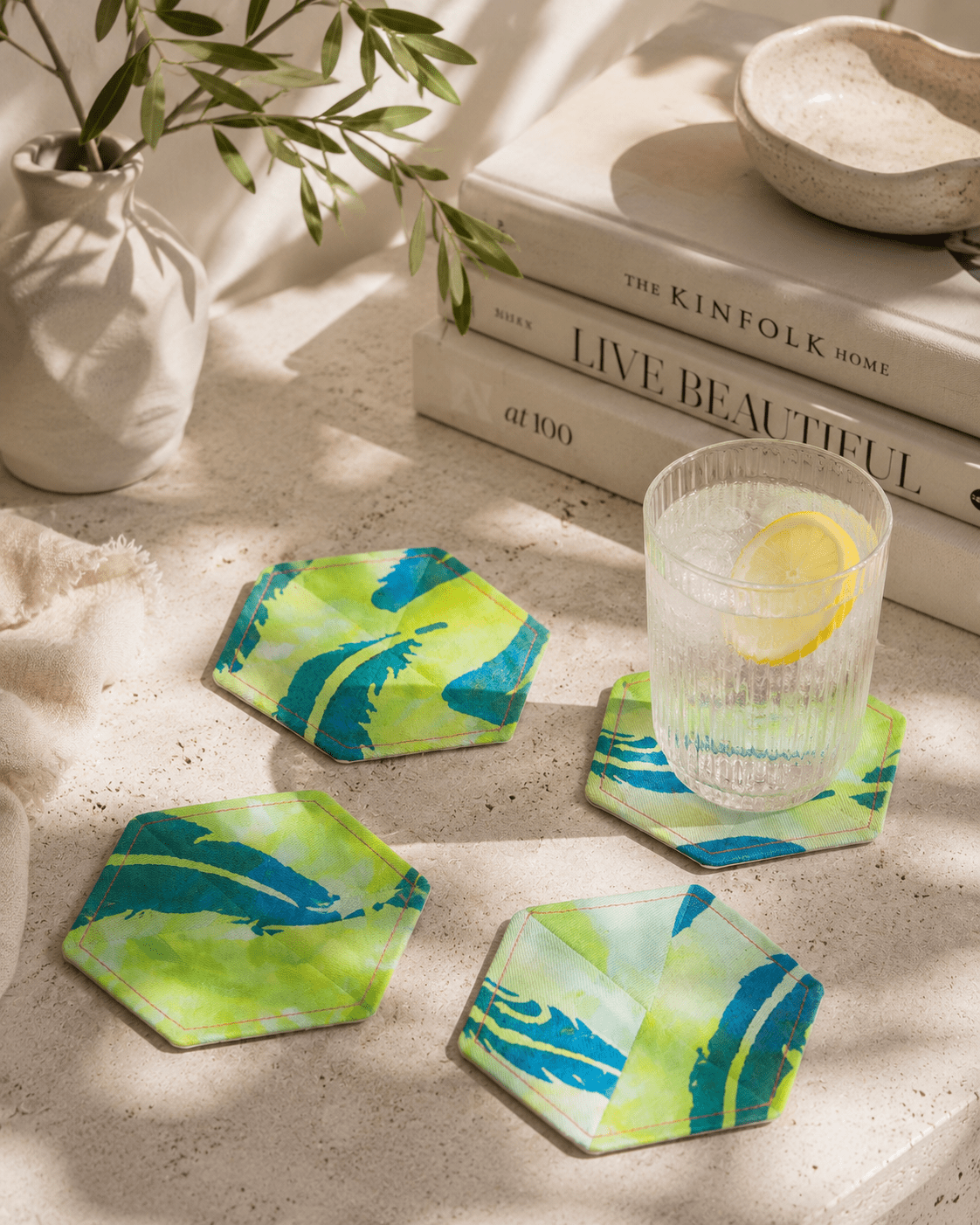 Feather Print Coasters: Set of 4 Eco-Friendly Home Decor - KJ Designs