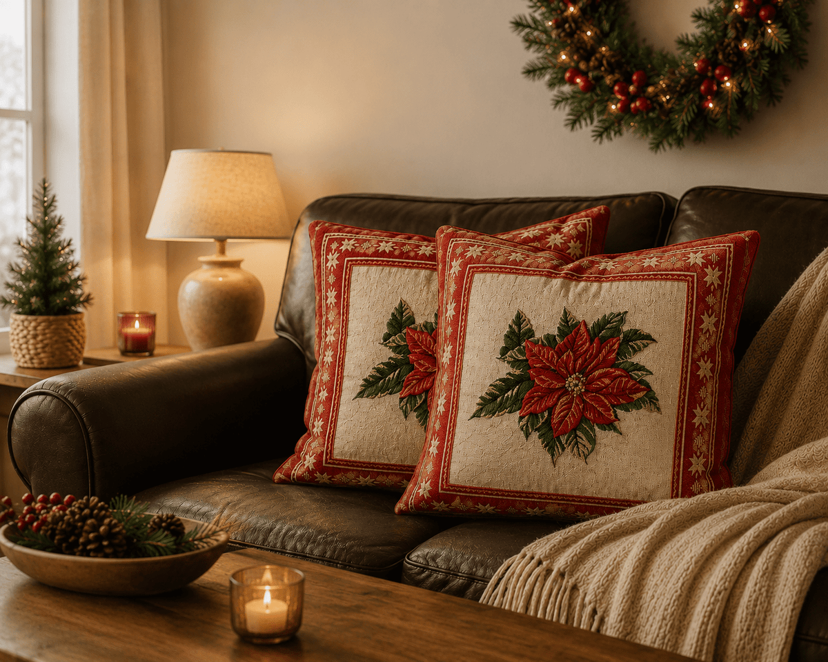 Floral Christmas Cushions: Poinsettia Fabric Pillow Pair - KJ Designs