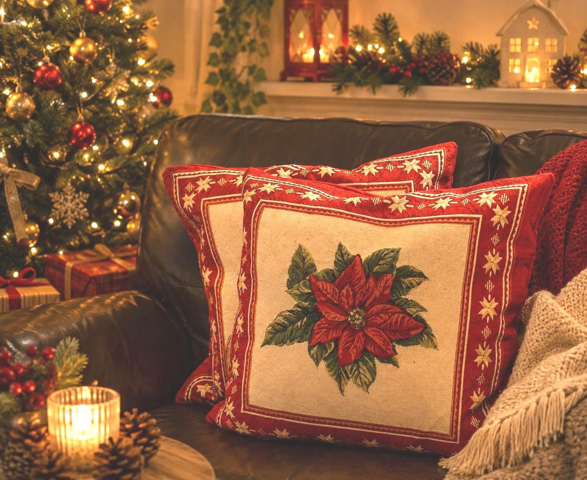 Floral Christmas Cushions: Poinsettia Fabric Pillow Pair - KJ Designs
