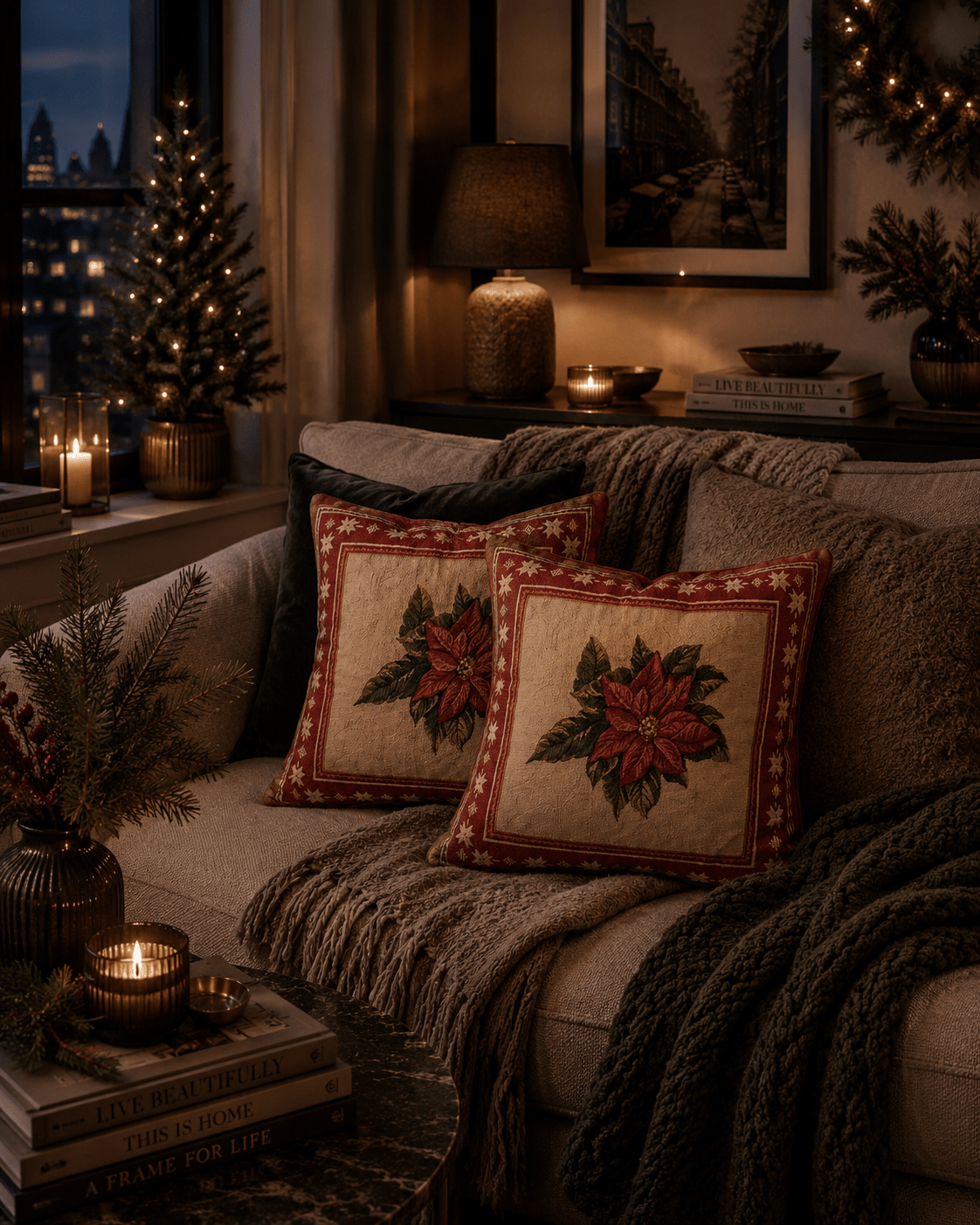 Floral Christmas Cushions: Poinsettia Fabric Pillow Pair - KJ Designs