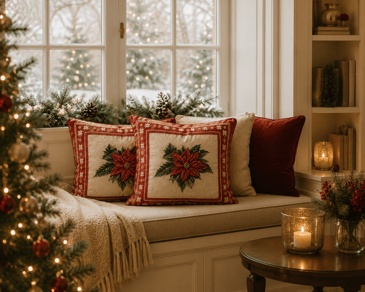 Floral Christmas Cushions: Poinsettia Fabric Pillow Pair - KJ Designs