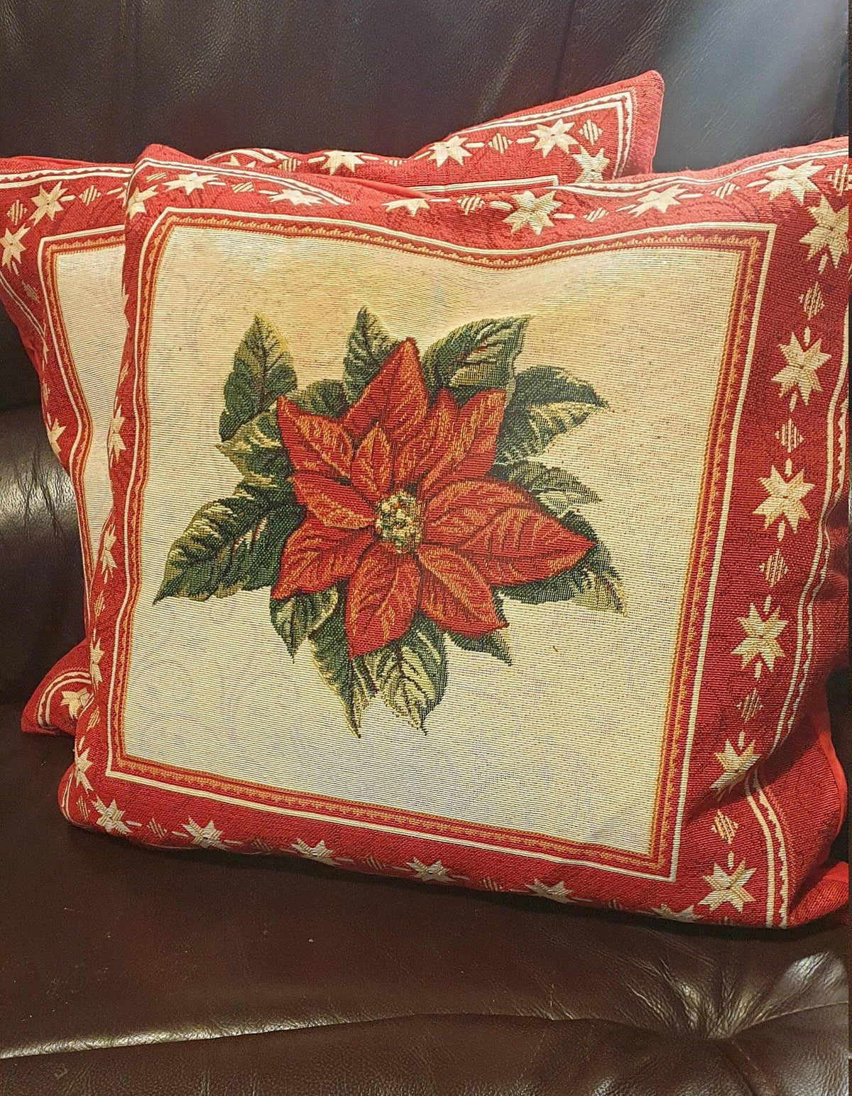 Floral Christmas Cushions: Poinsettia Fabric Pillow Pair - KJ Designs
